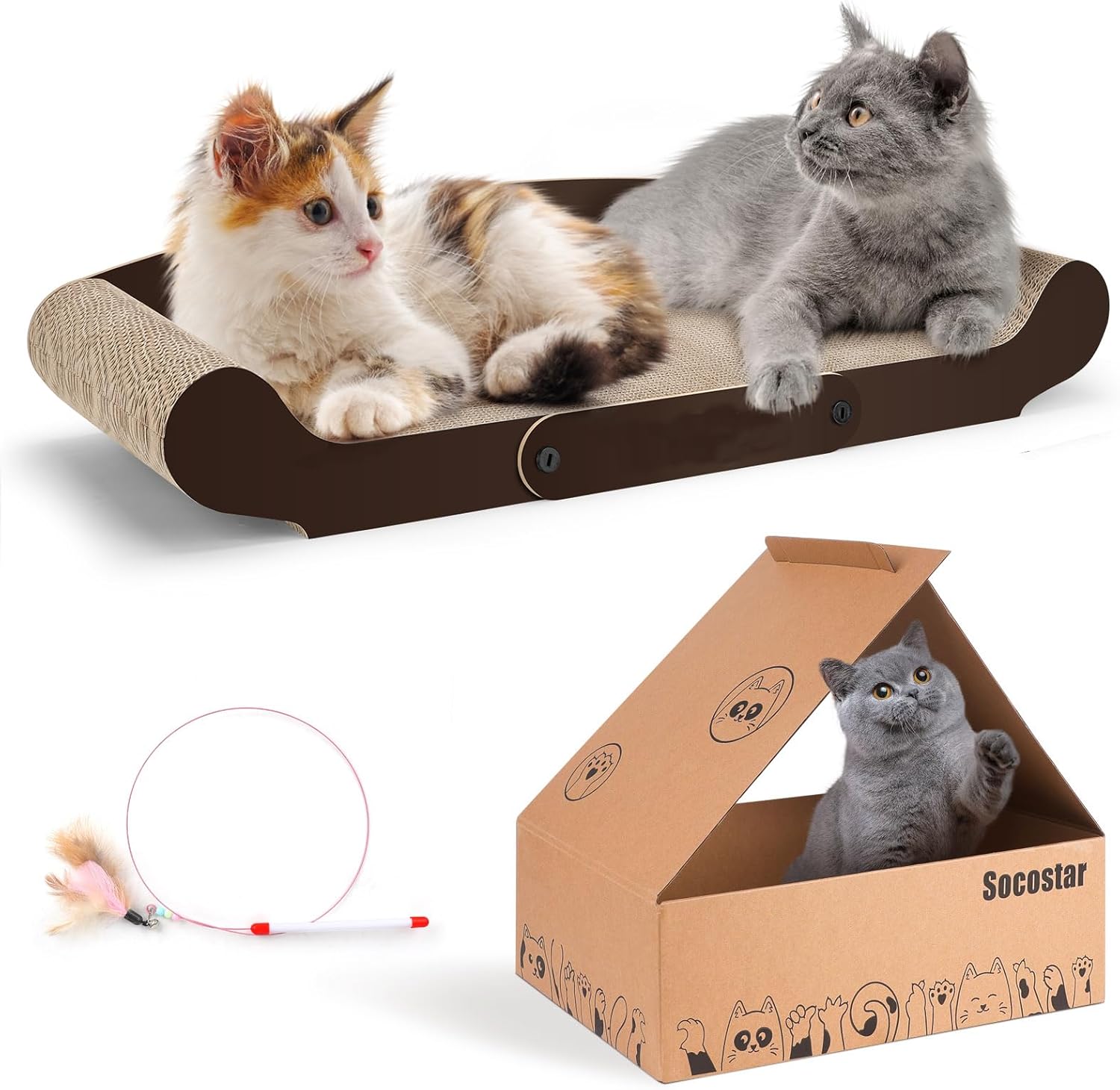 27.6'' Cardboard Cat Scratcher Bed - Extra Large Scratching Couch for Indoor Cats - Lounger Scratch Box with Cat Teaser Wand Toy and Catnip