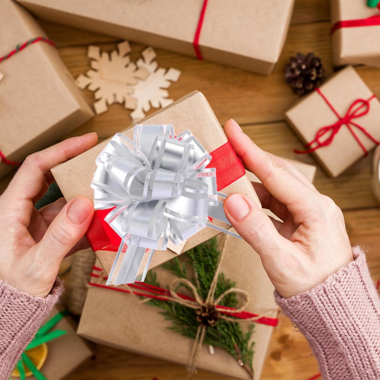 40 Pieces 6 Inches and 3 Inches Pull Bow Wrapping Pull Bow Ribbon Pull Bows for Wedding Baskets,Large Bows for Presents. (Silver) - Image 6