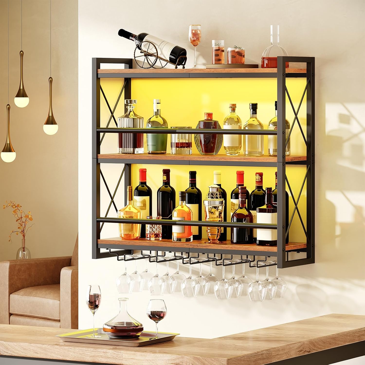 HOOBRO Wall Mounted Wine Rack, 4-Tier Wall Wine Bottle Rack with LED Light