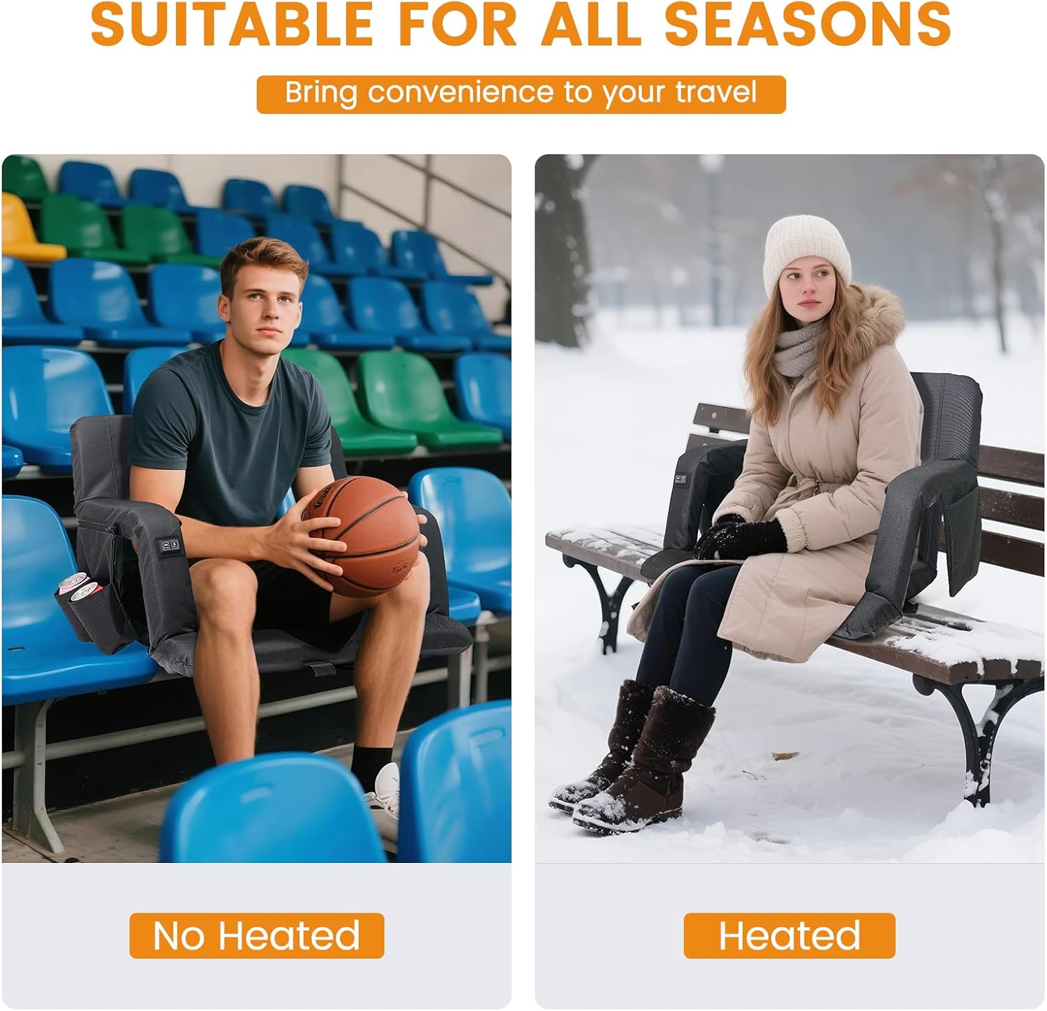 LILYPELLE 2Pack Double Heated Stadium Seats for Bleachers with Back Support, 3 Levels Heating Stadium Seating for Bleachers Seat with Backrest, Armrest, Portable Stadium Chair for Outdoor