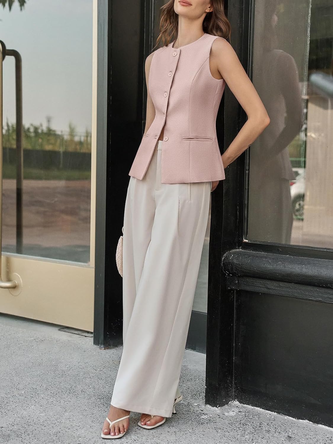 Tankaneo Womens Tweed Sleeveless Vest Crew Neck Button Down Fitted Blazer Vest Tops Work Casual Waistcoat - Image 5