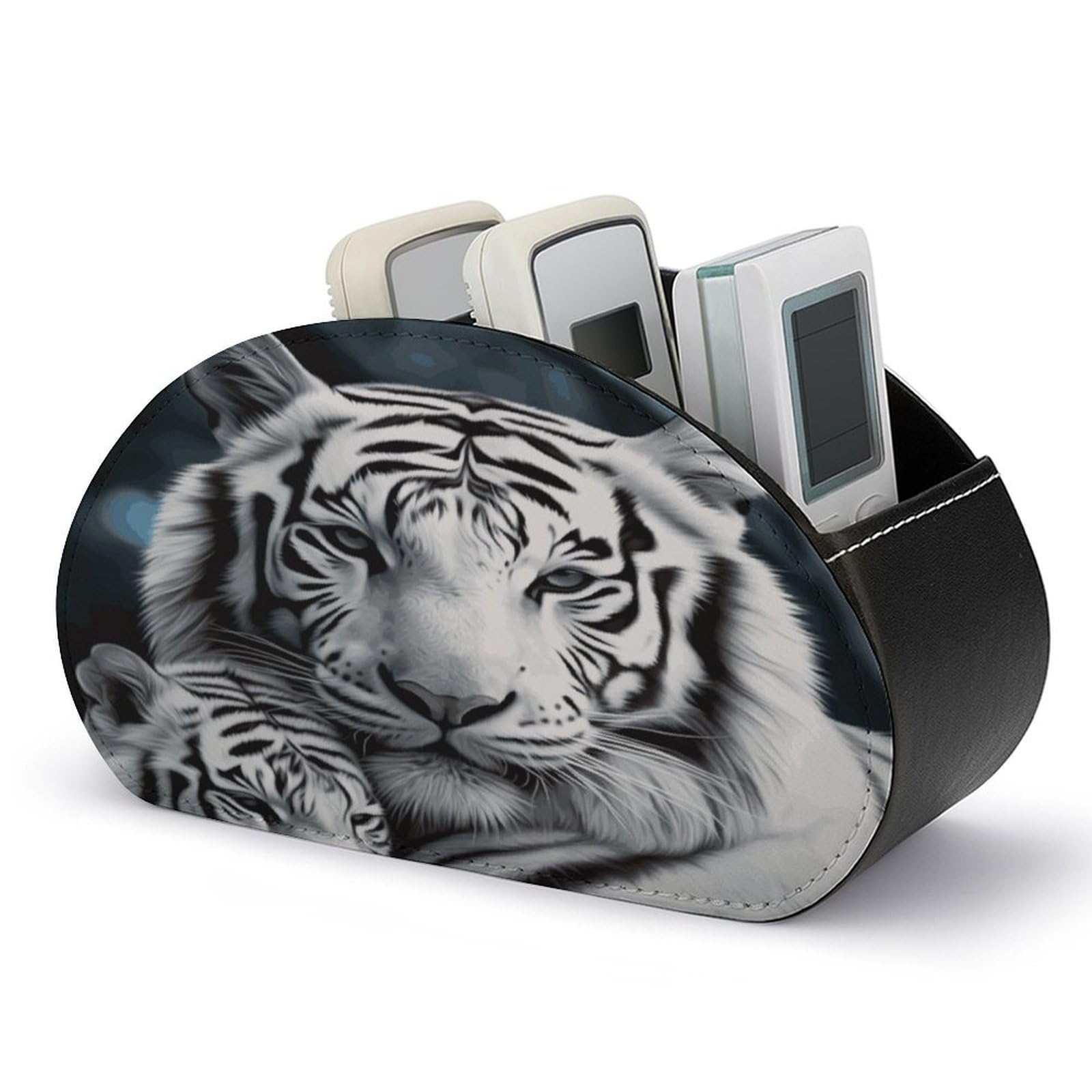 FekiLoot White Tiger Remote Control Holder, PU Leather Remote Control Organizer Box Stationery Remote Control Box Desk Storage Organizer for DVDs,Glasses,Pens,Media Players