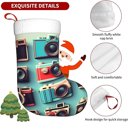 Miniatura 5 de Retro Cool Camera Collection Print Christmas Stockings Soft Plush Cuff Xmas Stocking Stocking Decoration For Family Holiday Season Decor