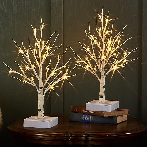 Miniatura 9 de Fudios Árbol de abedul iluminado con temporizador, funciona con pilas, 18 pulgadas, mesa de decoración del hogar, árboles de abedul artificiales