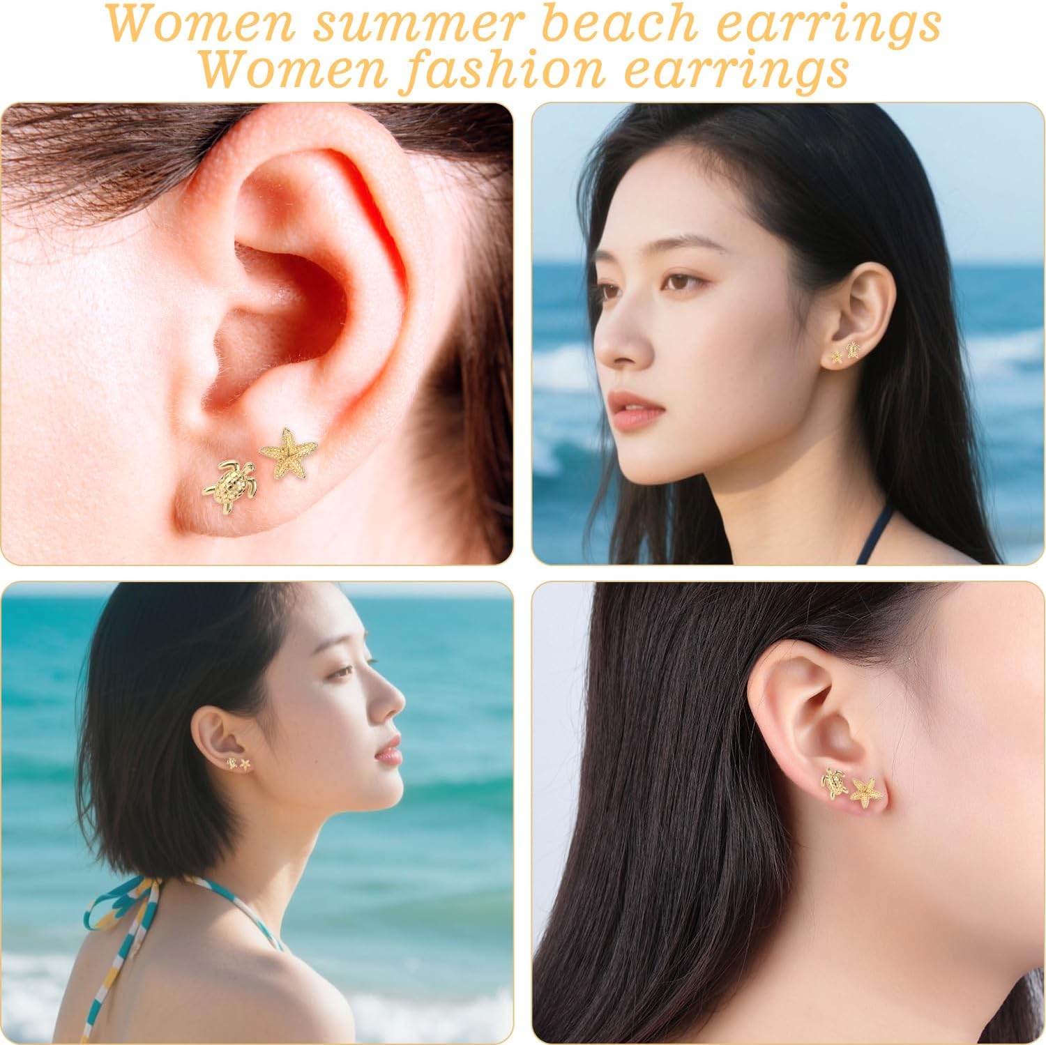 2 Pairs Gold Beach Earrings for Women, Golden Starfish Turtle Earrings Set Dainty Stylish Sea Beach Jewelry Summer Ocean Accessories for Women - Image 7