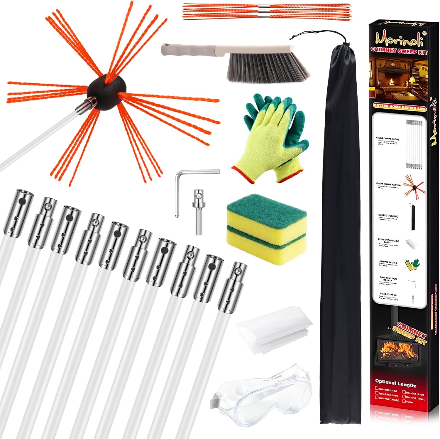 33 Feet Chimney Sweep Kit With Chrome Button Locking System, Brush, and ...