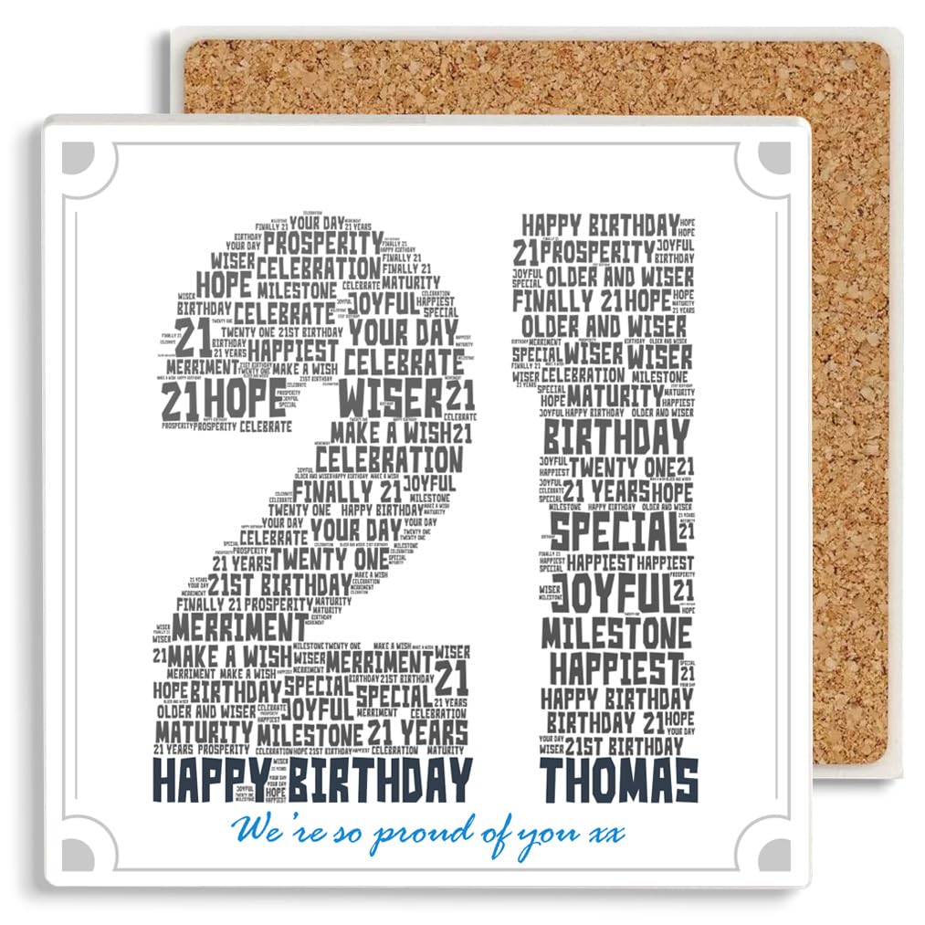 PREZZIFY Ceramic 21st Birthday Personalised Word Art Coaster. Any Name & Message. 21 Twenty One Year Birthday Gift for Son Daughter Boy Girl