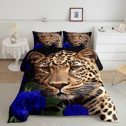 Erosebridal Juego de ropa de cama de guepardo con rosa azul, juego de edredón con estampado de leopardo y gato, edredón romántico de plumón con