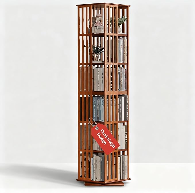 Lauxery Rotating Bookshelf Tower, 6-Tier 360° Bamboo Spinning Bookcase – Tall Square Revolving Book Shelf, Floor Standing Vertical Space-Saving Storage for Small Space, Corner & Home Office | Walnut