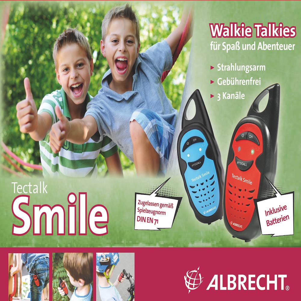 Albrecht Tectalk Smile Walkie Talkie, 29645, radiotelefon dla dzieci z dziecinnie łatwą obsługą, zasięg do 3 km, zasilanie bateriami AAA, kolor: czerwono-czarny