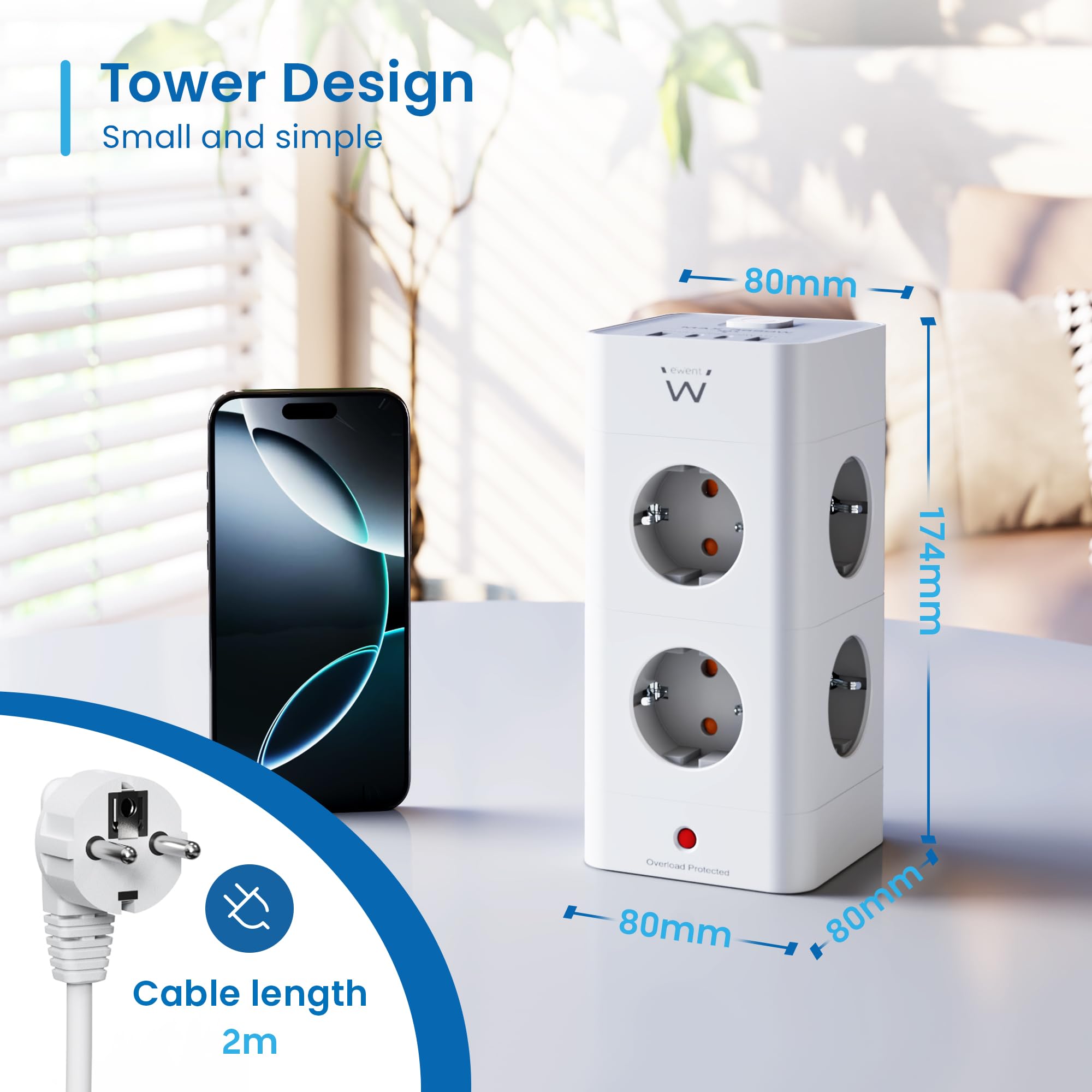 Ewent Pionowe gniazdo wieżowe 12 w 1 (3680 W/16 A); gniazdo wielofunkcyjne z 8 gniazdami wtykowymi Schuko, 2 USB-C i 2 USB-A, z włącznikiem światła, ochrona przed przepięciem, kabel 2 m, do urządzeń
