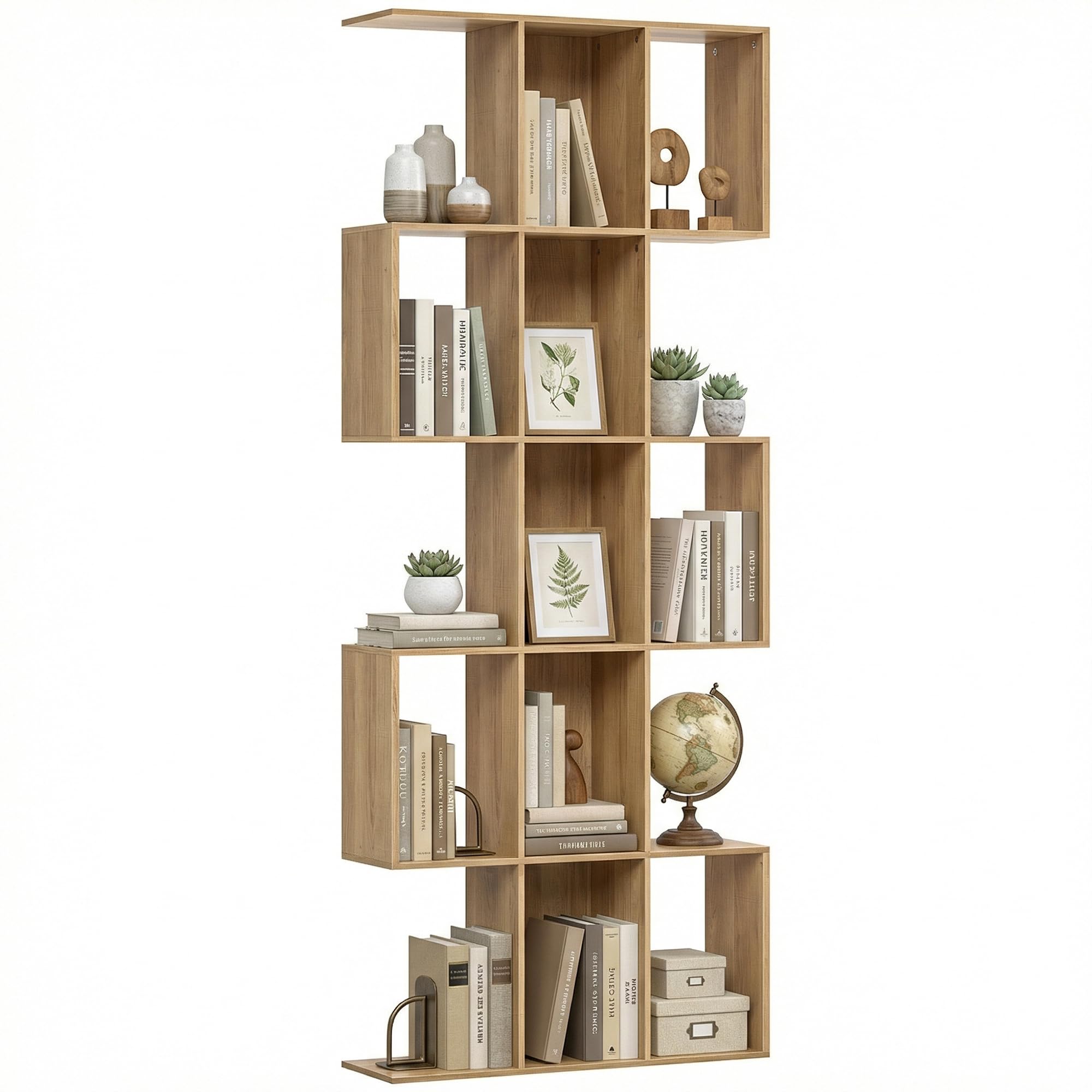 HOMCOM Libreria Scaffale a 5 Ripiani in Legno a Forma di S, Libreria Verticale Salvaspazio con 15 Compartimenti, Scaffale Portaoggetti per Soggiorno, Camera da Letto e Ufficio, Rovere