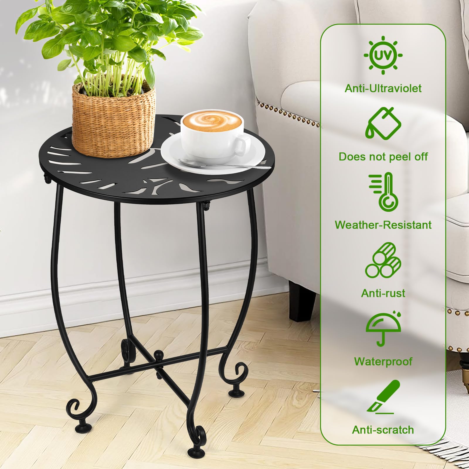 Mesa auxiliar de metal para exteriores de 14 pulgadas, resistente a la intemperie, mesa auxiliar redonda pequeña para patio, balcón, jardín, soporte para plantas exteriores (color 1 hoja de tortuga 7