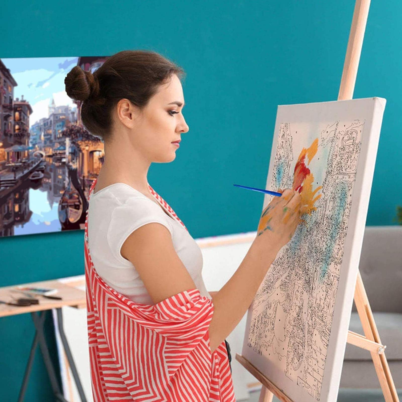 Kit per dipingere coi numeri, per adulti, motivo: coniglio, pittura con i numeri, per principianti, pittura acrilica a numero con 6 pennelli, fai da te, artigianato artistico per decorazione da parete