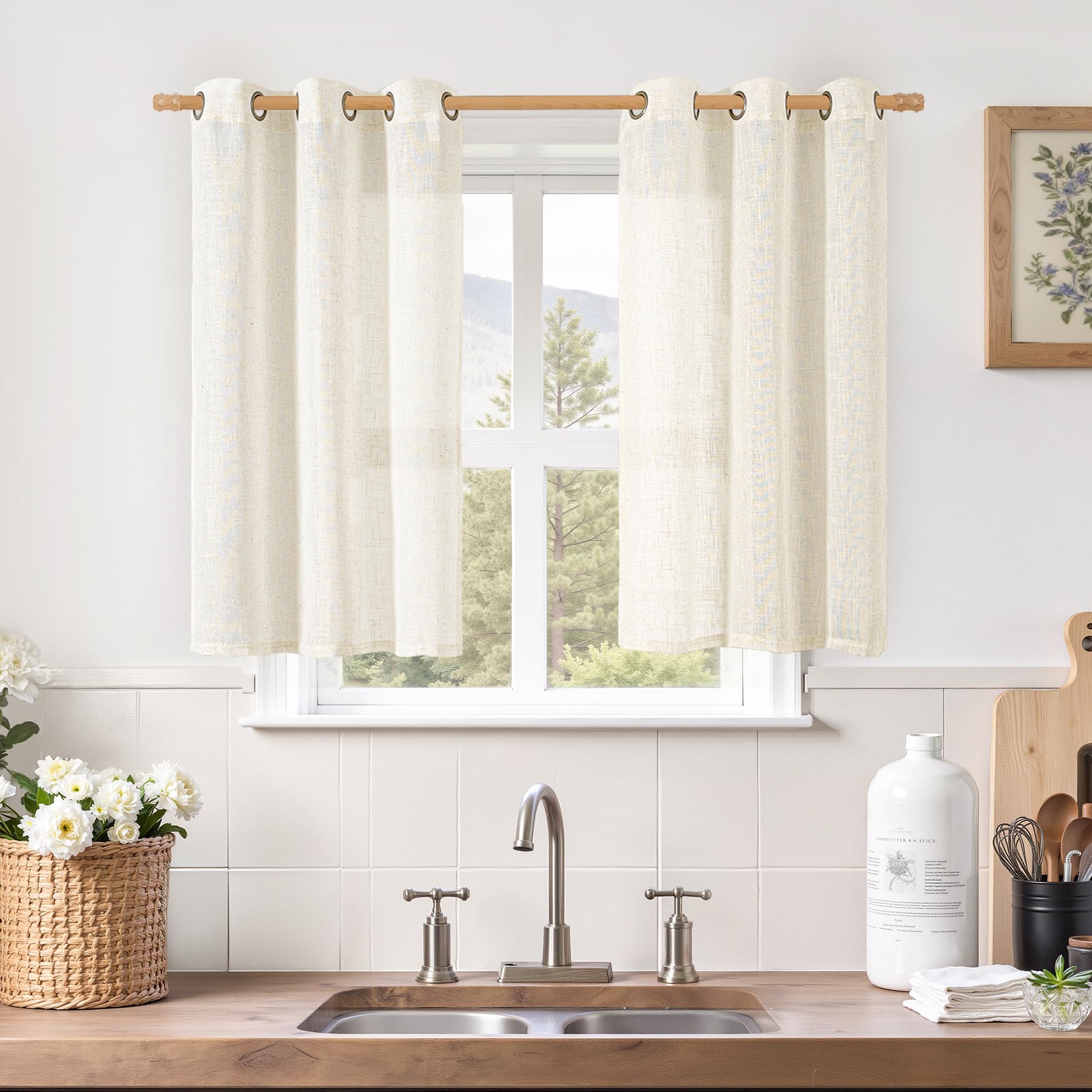 LAMIT Set of 2 40 inches Semi-Transparent Linen Short Curtains for Kitchen Windows, Light Filtering Neutral Curtains, Bronze Eyelet Panels for Small Windows/Cafe โ image 1