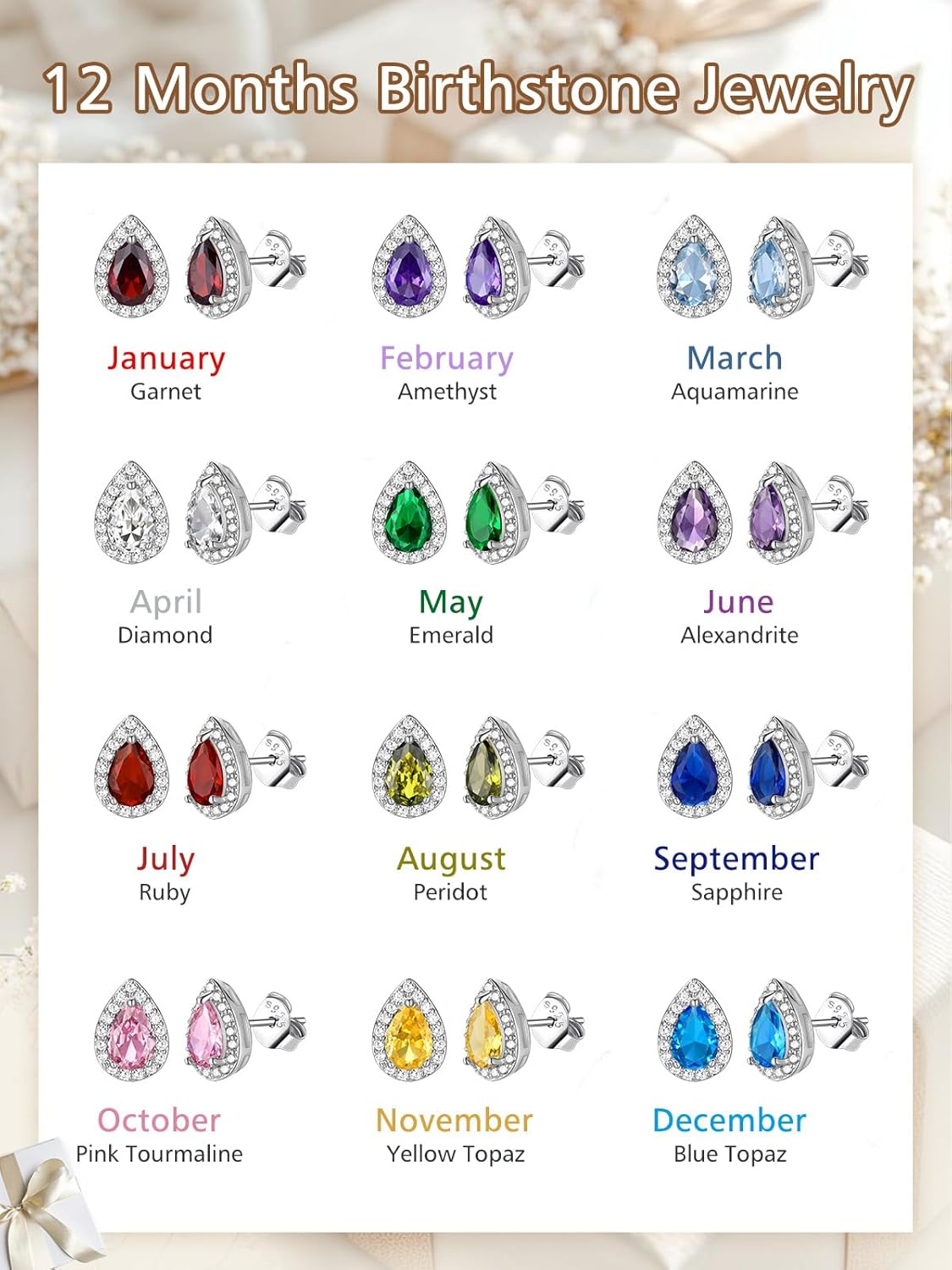 FindChic Birthstone Earrings for Women, Round/Heart/Square/Teardrop Earrings with 925 Sterling Silver Posts & Push Backs, Hypoallergenic Studs with Cubic Zirconia, 12 Months Jewelry with Gift Box - Image 7
