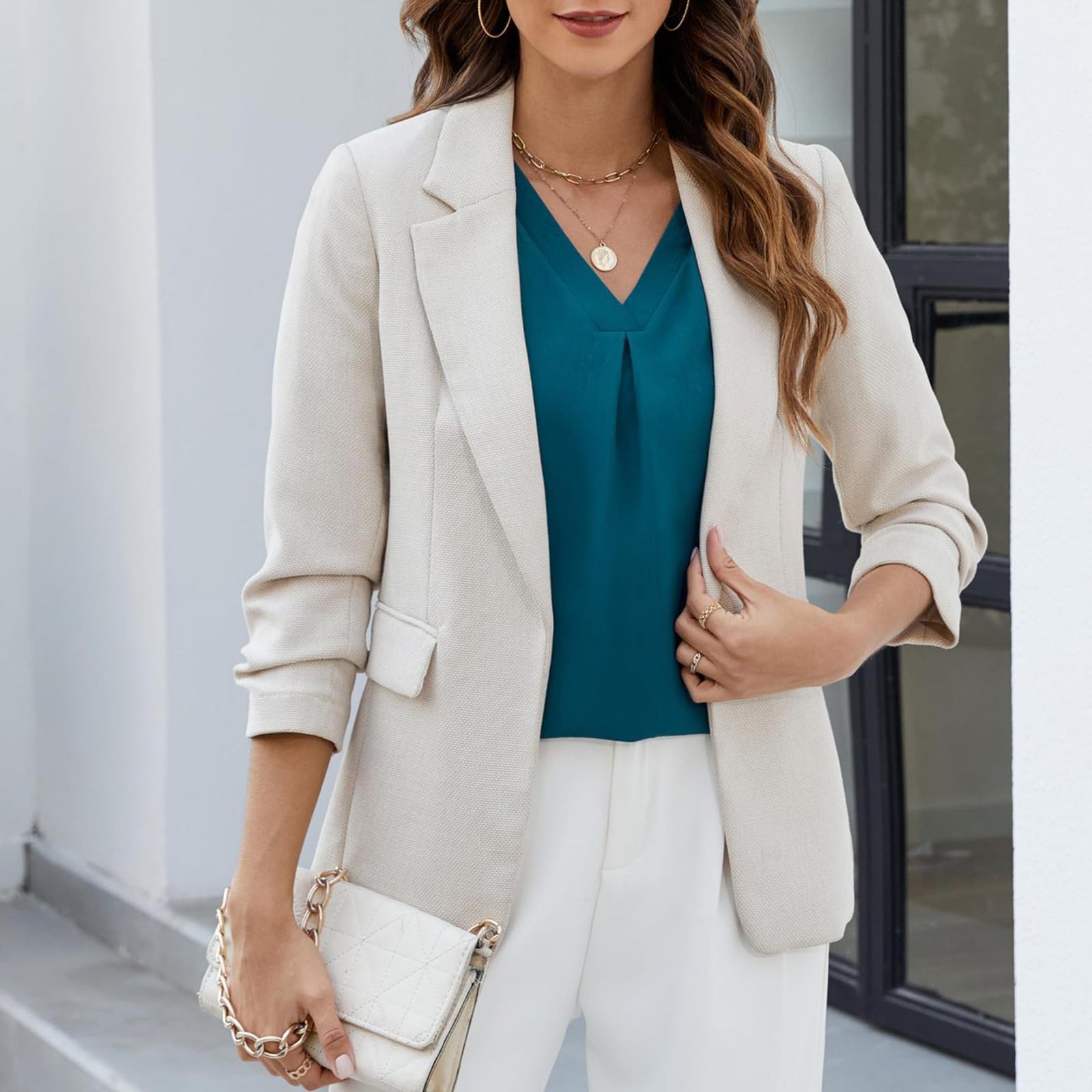 Elegante blusa de manga con volantes de tres cuartos de longitud y cuello en V, ligera y elegante para el trabajo y el ocio, camiseta femenina