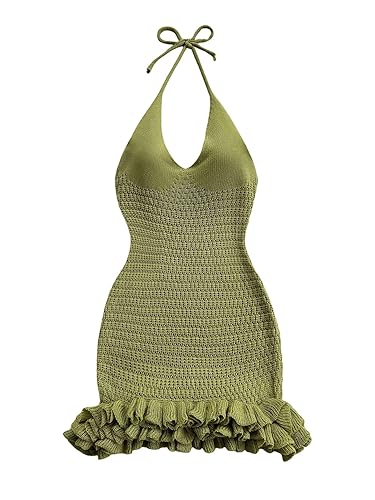 GORGLITTER Women's Crochet Halter Bubble Mini Dress Bow Backless Summer Bodycon Knit Dress Vacation Festival Outfits - Small - Green