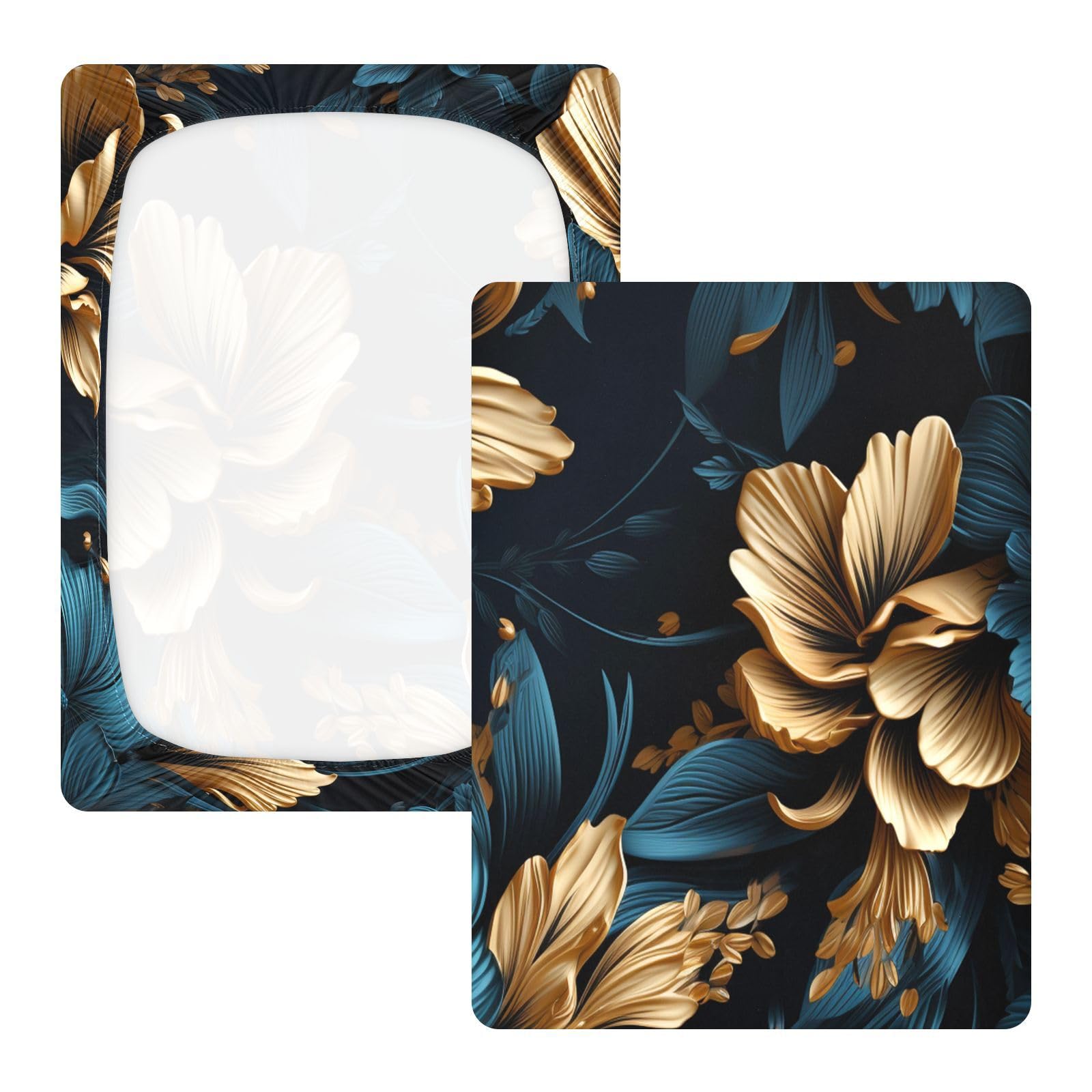 Fleur DoréE Bleu Foncé Drap Housse pour Lit BéBé en Coton Doux,Adapté au Matelas Parc