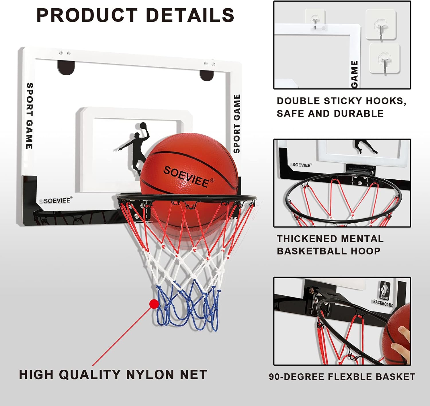 Large Indoor Basketball Hoop for Kids & Adult 23 X 16 Inch Board with 3 Balls and 2 Nylon net Over The Door & Wall Mount Indoor with Complete Basketball Accessories Perfect Christmas & Birthday Gifts : Sports & Outdoors