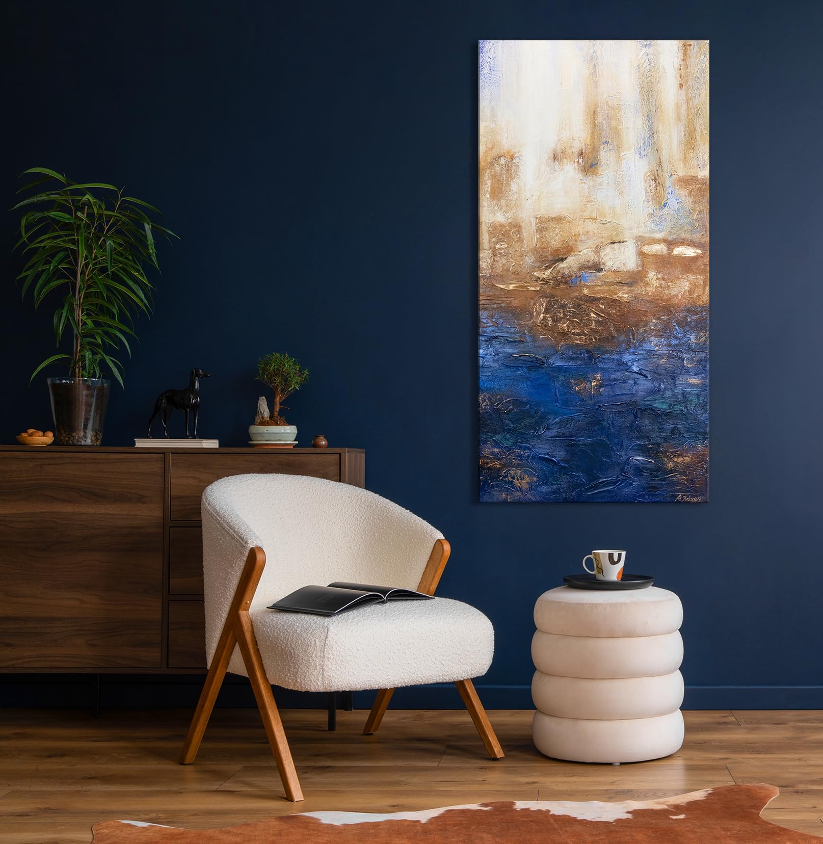 YS-Art Quadro Dipinto a Mano - Blu Beige Astratto Verticale, Acrilico