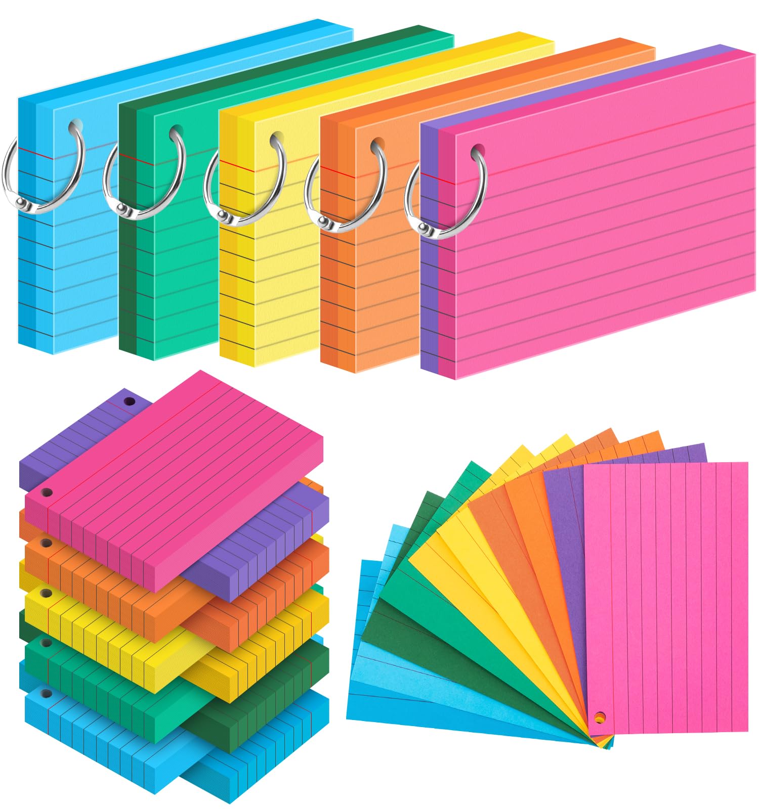 Lot de 250 cartes d'index colorées pour études, cartes flash lignées de 7,6 x 12,7 cm, 10 couleurs classiques avec porte-clés, 5 paquets de 50 feuilles de cartes d'étude lignées avec