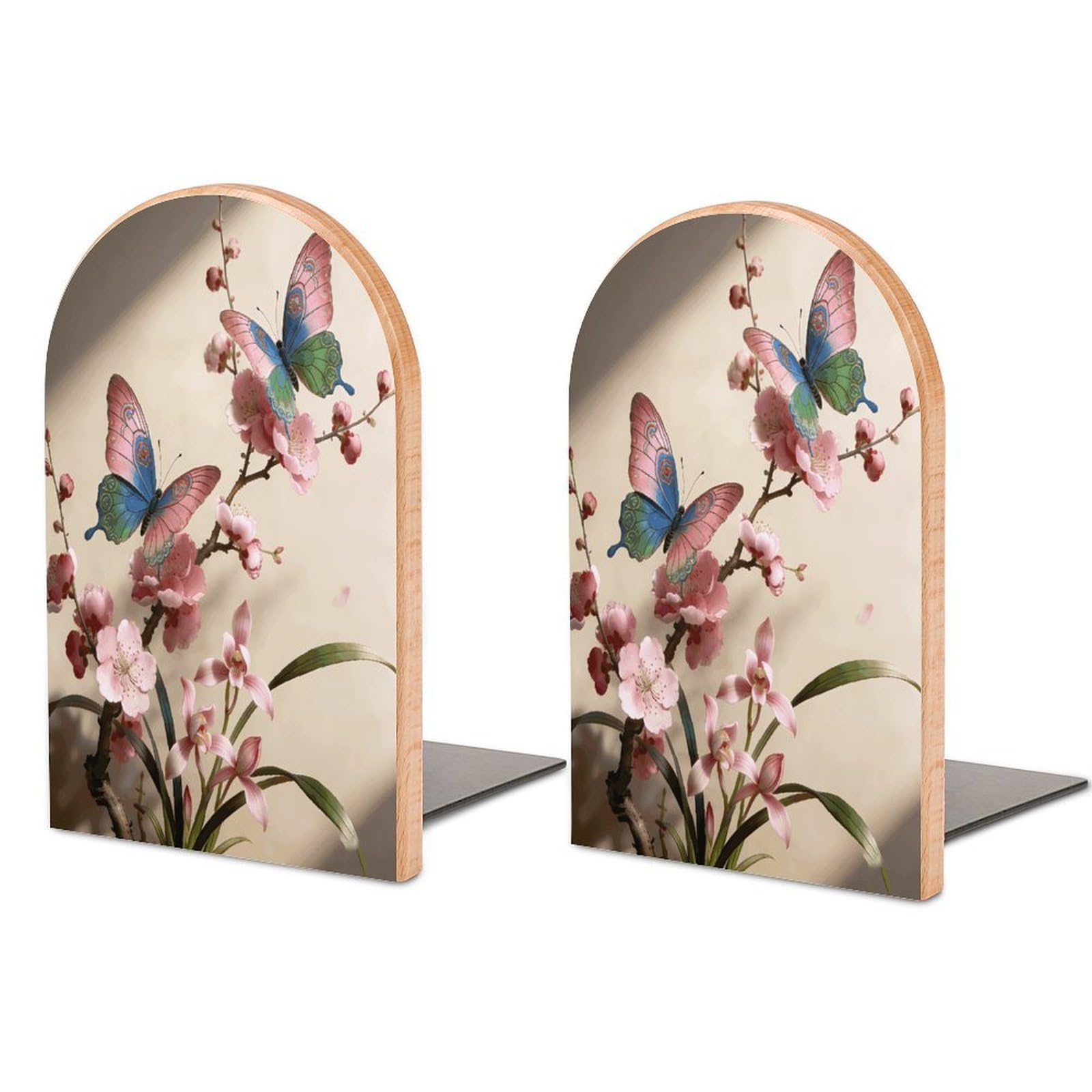 Butterfly Perches on The Spring Branch. Book End for Shelves Book Shelf Holder Home Decorative Non Skid Book Stoppers Universal Economy Bookend Wood Handmade Heavy Duty Bookend for Home Office 1 Pair