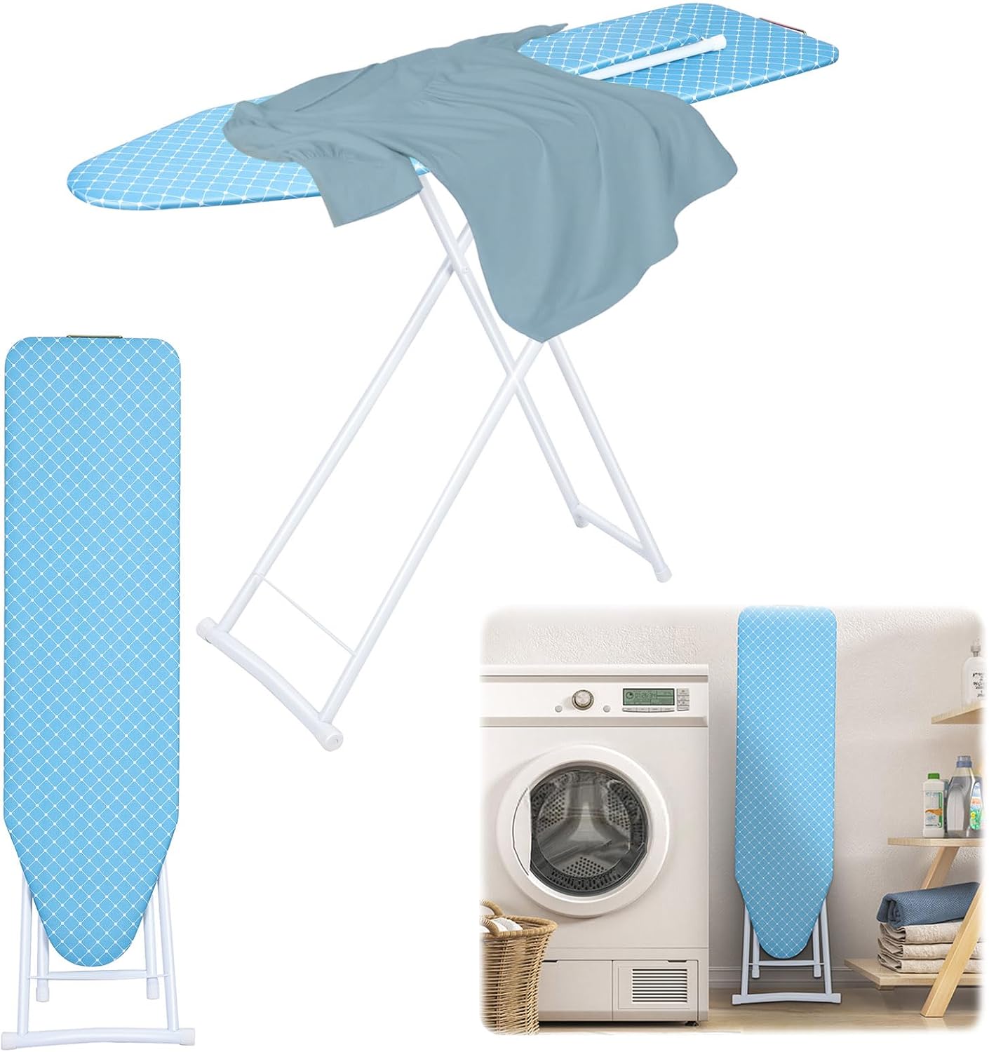 Full-Size Ironing Board - 4-Leg Fold-Up, Height Adjustable Sturdy Iron Stand & Removable Cover, Heavy Duty Compact Board with Rest, 42" L x 12" W x 31" H