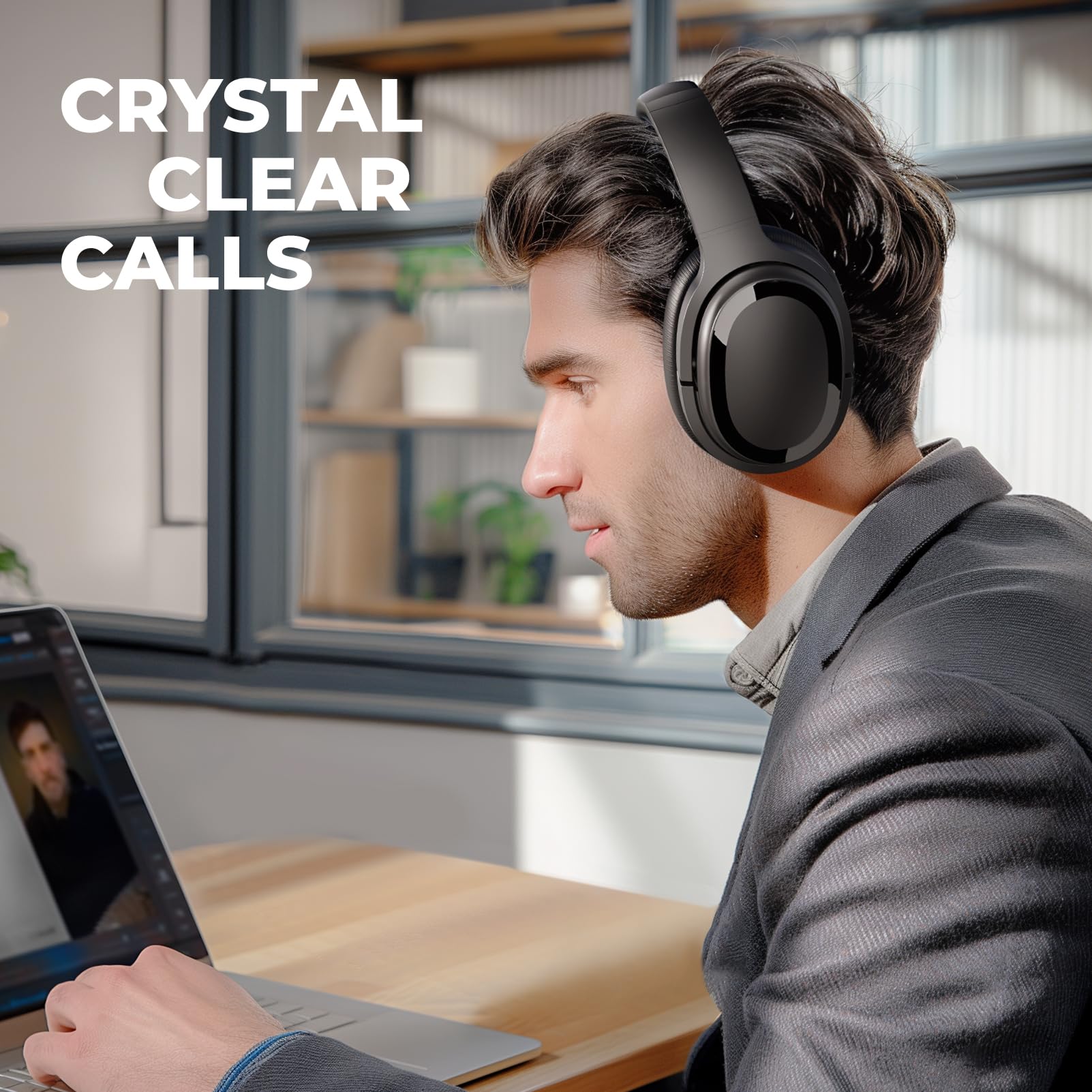MOVSSOU Cuffie ibride con cancellazione attiva del rumore, cuffie Bluetooth wireless over ear con microfono, bassi profondi, cuscinetti auricolari in memory foam, 30 ore per viaggio/ufficio/casa, nero