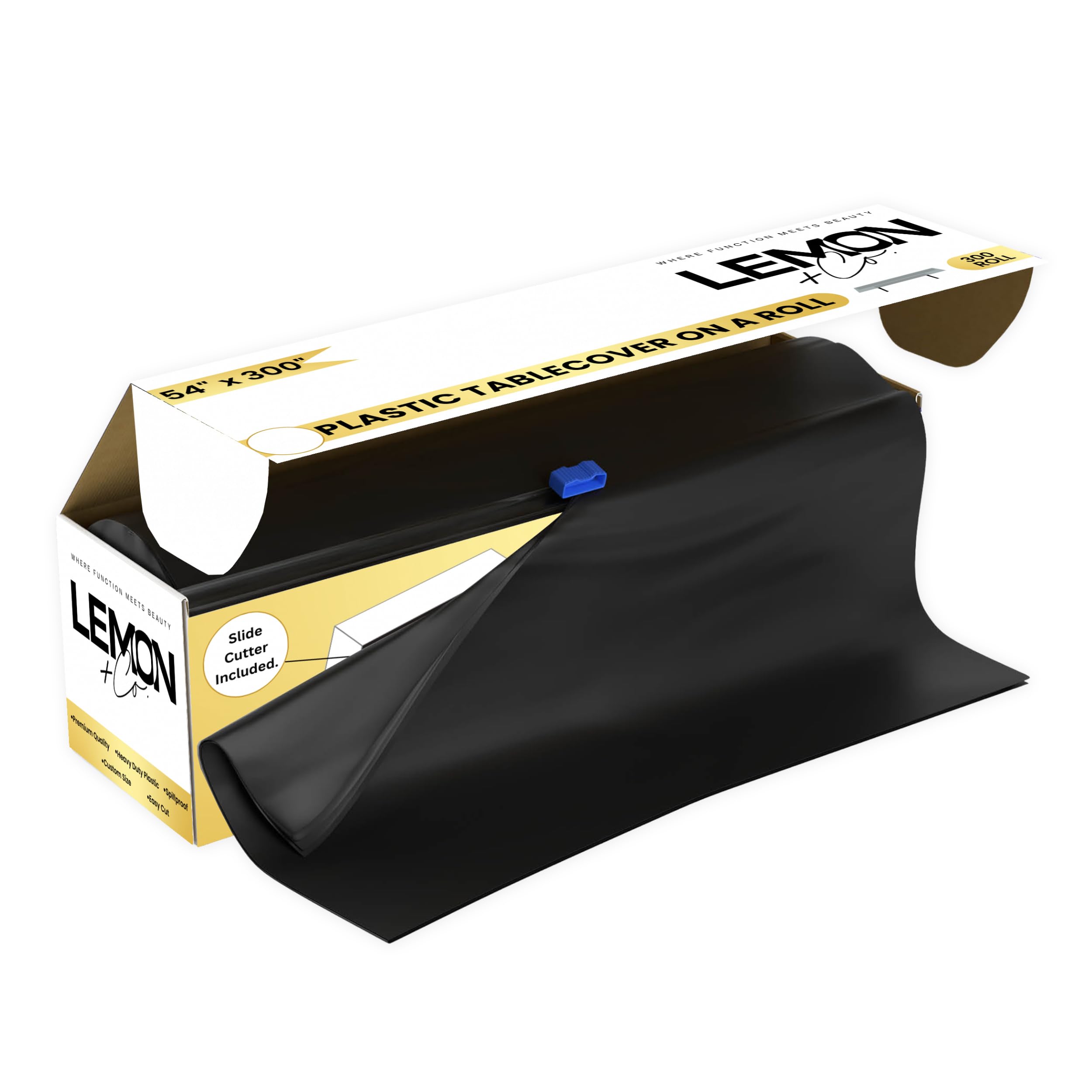 LEMON + Co. Rollo de mantel de plástico negro de alta calidad, 54 x 300 pies, para fiestas, con caja de corte, mantel desechable rectangular y redondo cortado a medida
