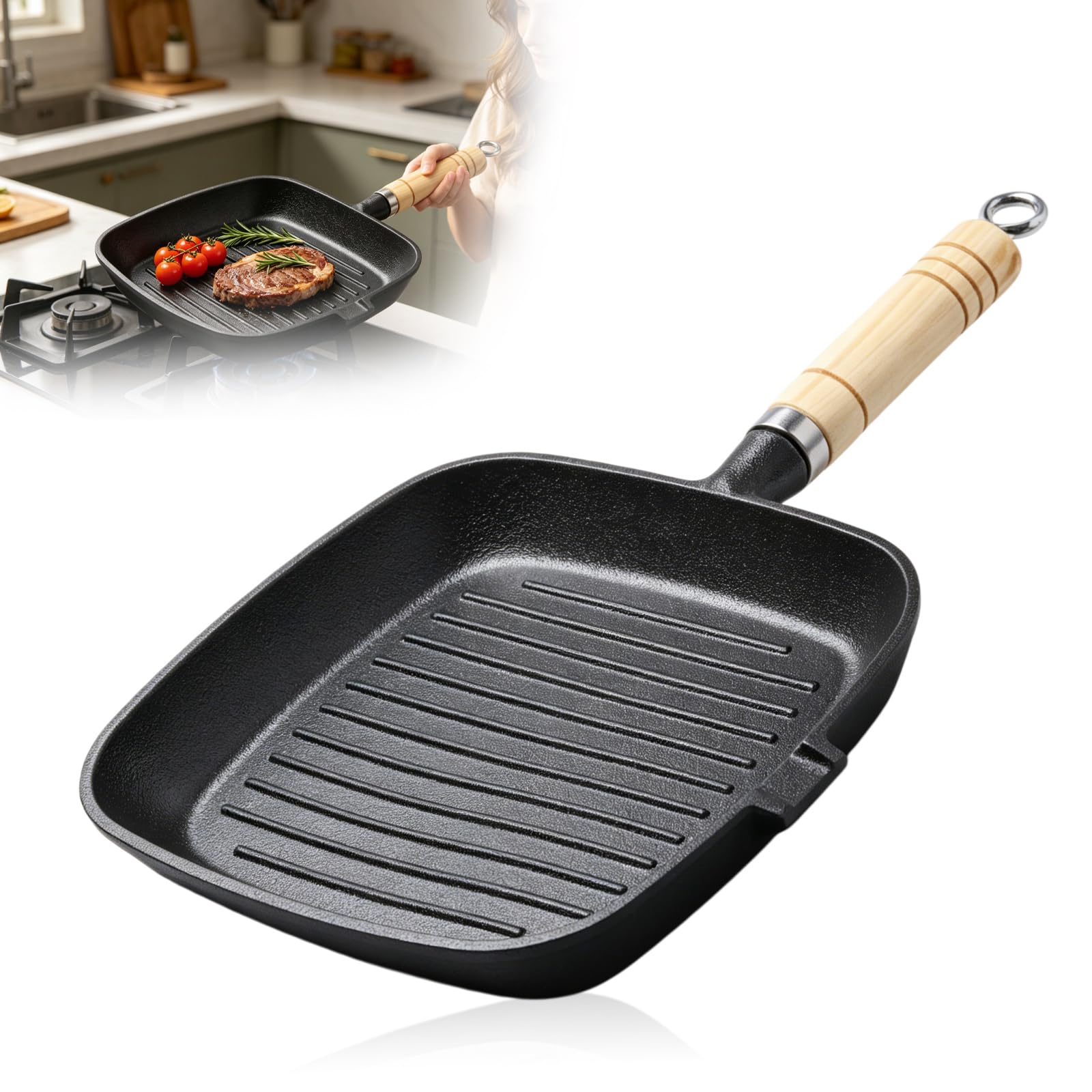 Poêle Grill 22x22 cm En Fonte, Poele a Griller avec Bec Verseur et Manche Effet Bois Compatible Induction et Feux, Poêle Fonte Idéale pour Steak Légumes Cuisson Maison Durable