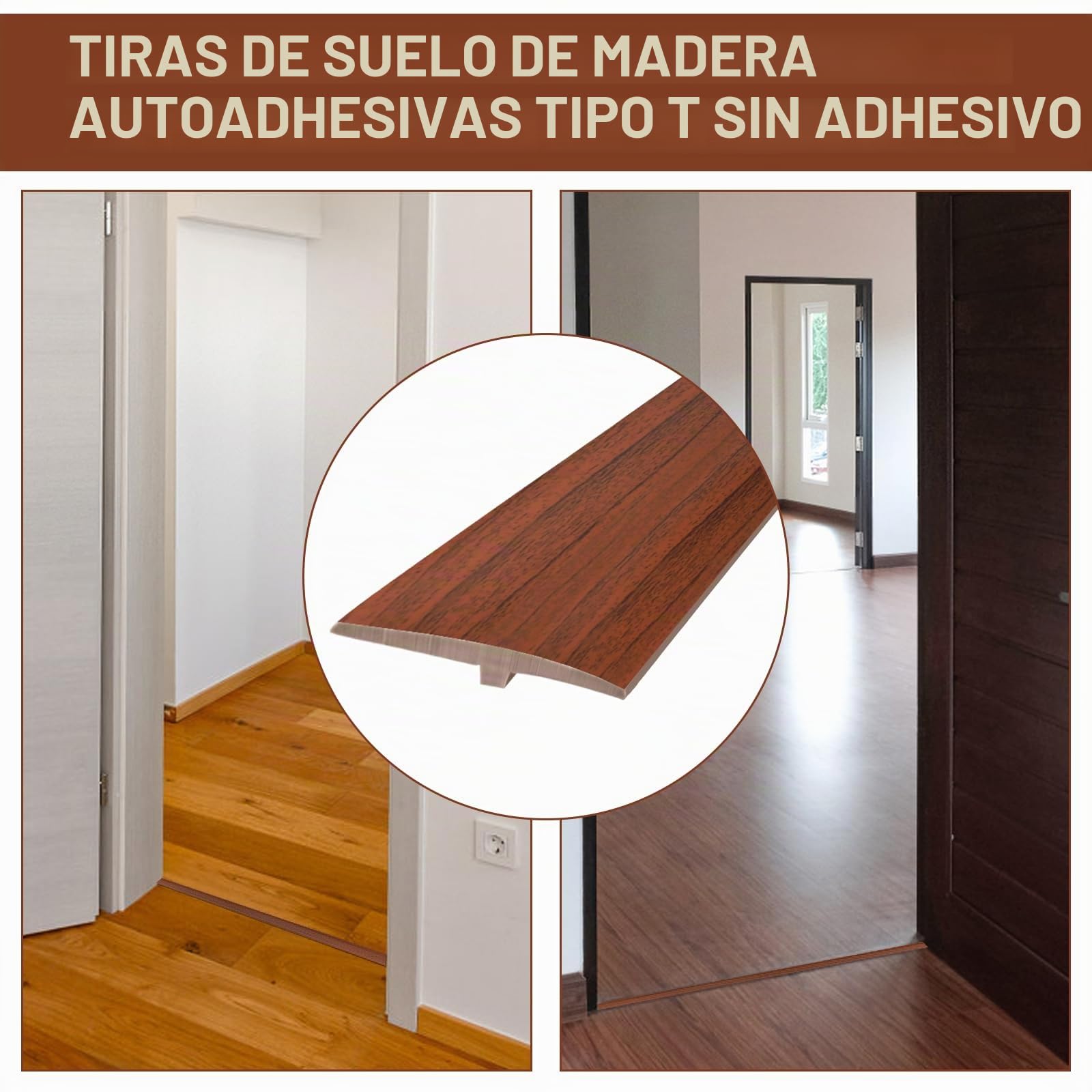 Perfil de Transición para Suelo - 5 cm x 3 m Perfil PVC Perfil Transición Suelo Desnivel Autoadhesivo, Perfil en T Listón de transición autoadhesivo, Listón Cubierta plana para juntas (Madera)