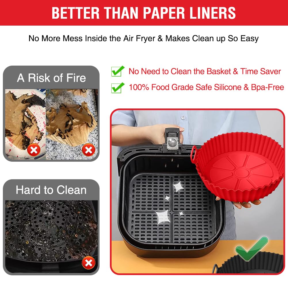 Forros redondos de silicona para freidora de aire, paquete de 2 bandejas reutilizables para hornear, accesorios para horno, rojo y negro