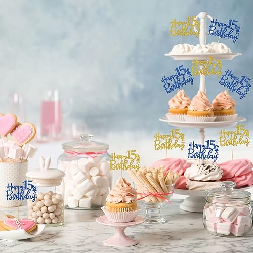 Miniatura 5 de Decoración para cupcakes de feliz cumpleaños de 15 años, suministros para cupcakes de cumpleaños de 15 años, decoraciones de fiesta de cumpleaños de