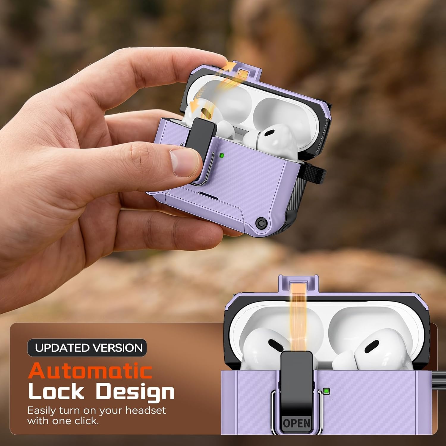  for AirPods AirPods Pro 1st/2nd Case with Secure Lock (Purple) | Phone Stand Design,Compatible with MagSafe,Automatic Snap Switch Secure Cover Carbon Fiber Texture with Cleaner Kit thumbnail