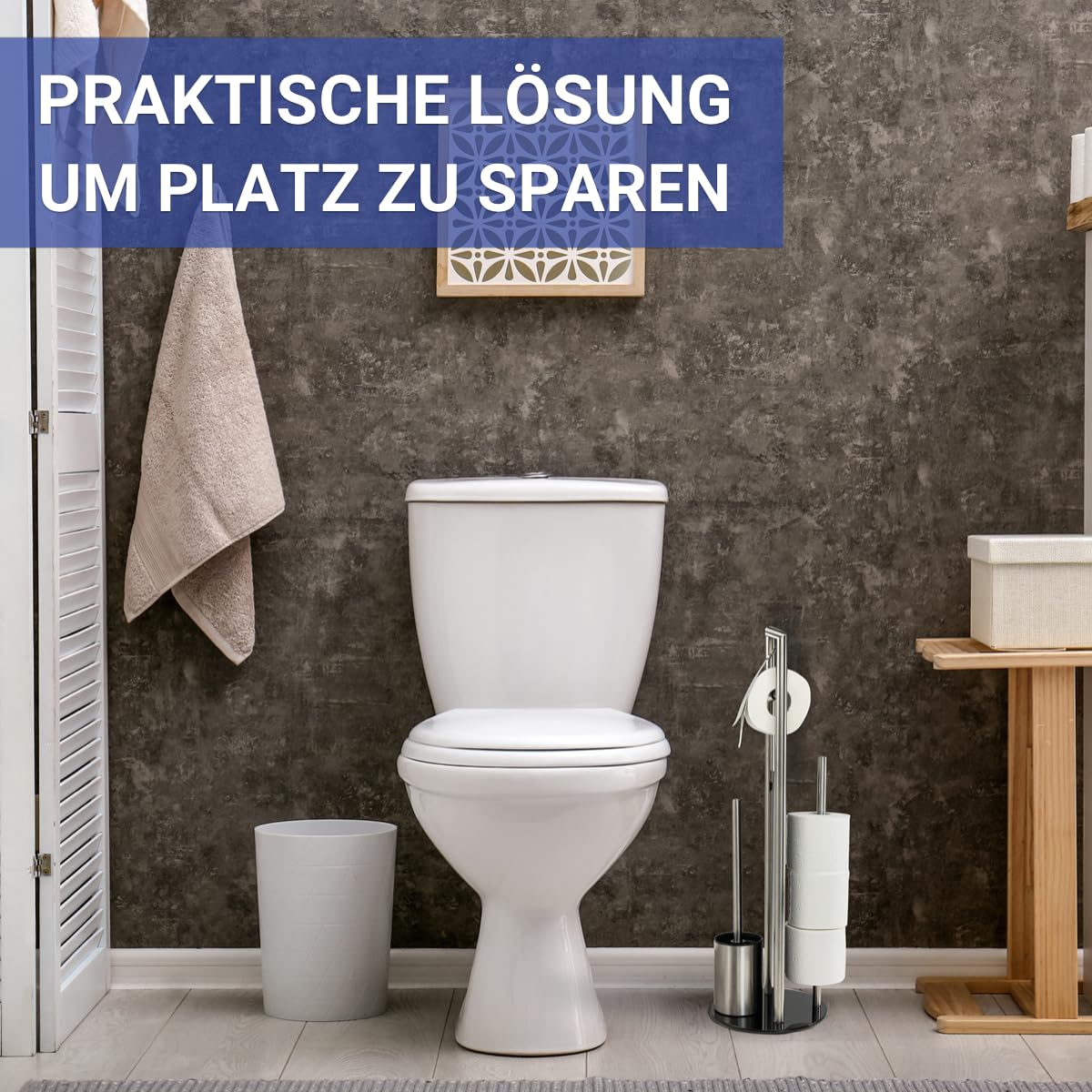 WENKO Stand WC-Garnitur Mod. Ravina 3in1 Edelstahl matt mit Toilettenpapierhalter Ersatzrollenhalter und Bürstenhalter Ø 20 x 70 cm Silber matt