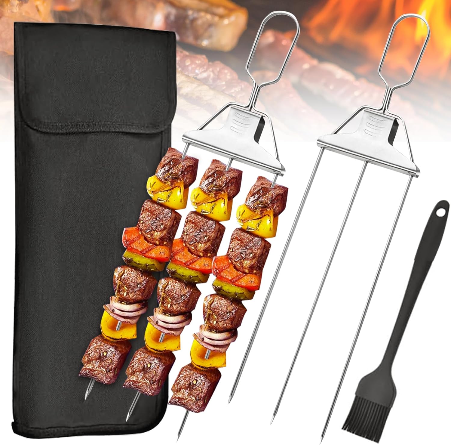 2PCS Skewers for kabobs, ThreeProng Kabob Skewers with Push Bar