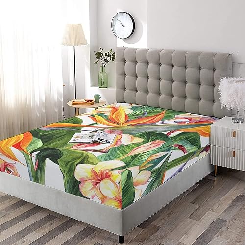 Miniatura 2 de Juego de sábanas decorativas, tamaño Queen, con bolsillos profundos tropicales, juego de sábanas bajeras y 2 fundas de almohada, juego de sábanas de