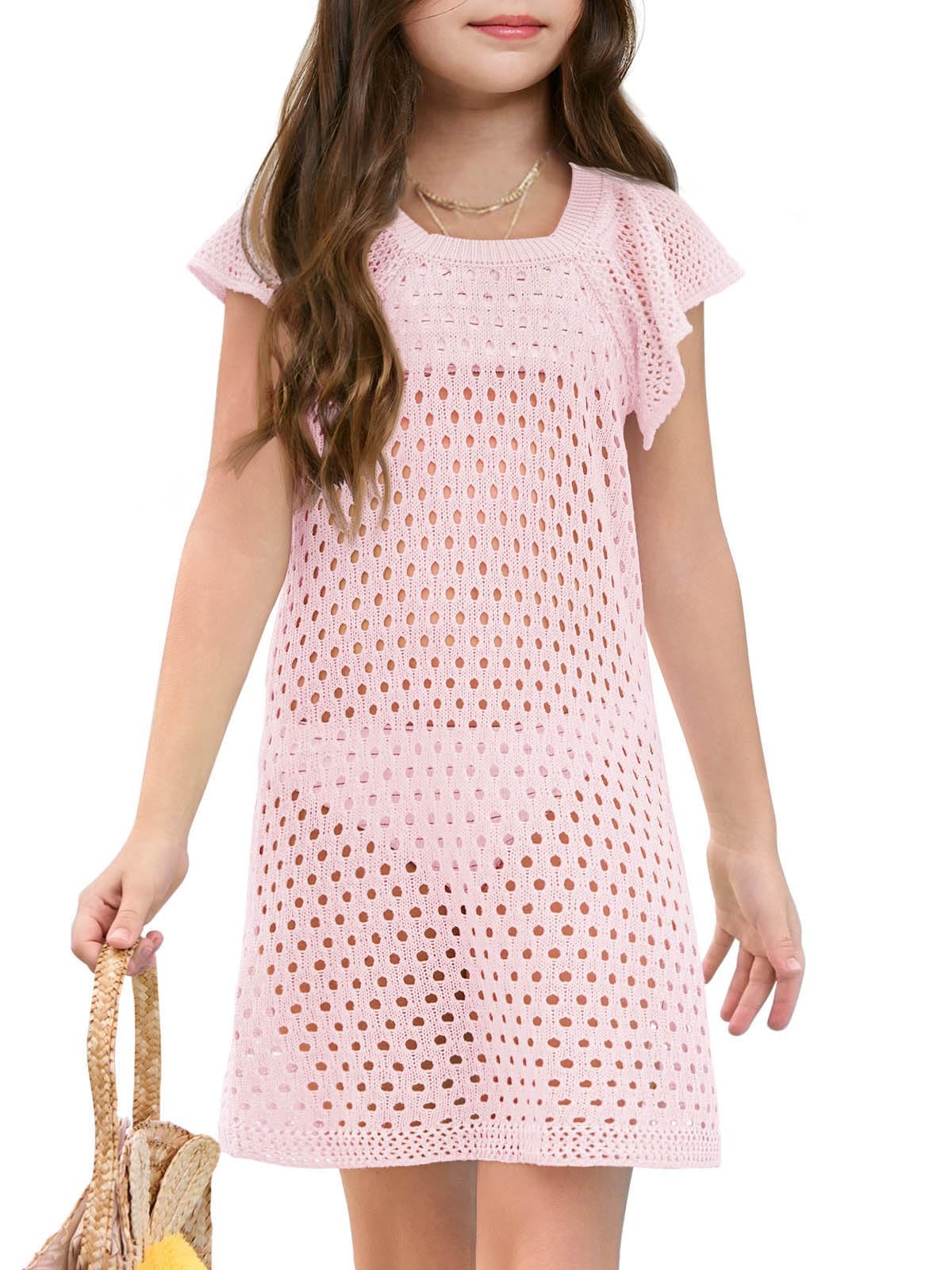 Haloumoning Girls Crochet Swim Cover Up Kids Ruffle Sleeve Hollow Out Summer Beach Dress 5-14 Years