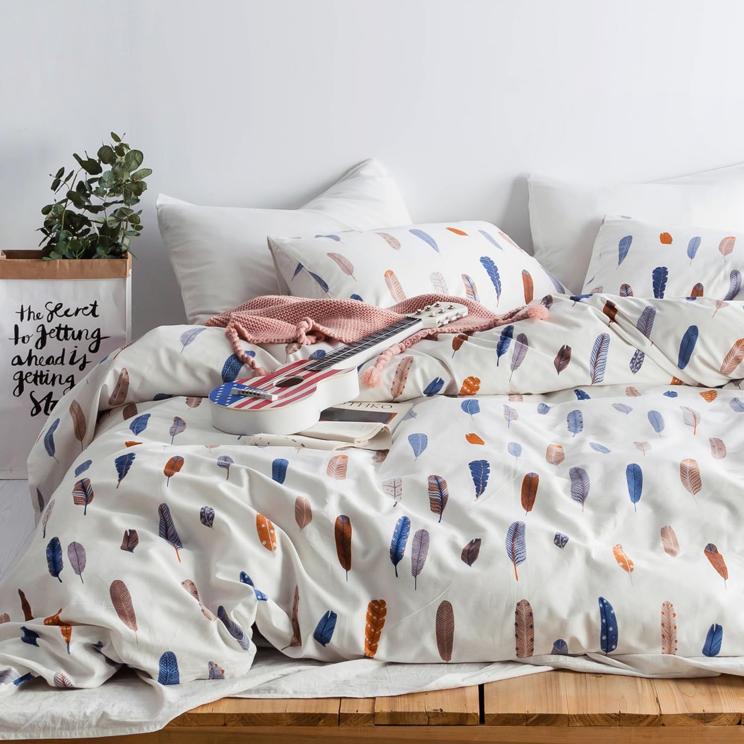 SUSYBAO Vintage Feather Duvet Cover King 100% Cotton 3 Pcs Set 1 Colorful Bohemian Patterned Duvet Cover with Zipper Ties 2 Pillow Cases Retro Blue Brown Bohemian Bird Plume Print Bedding Set Soft - Image 2