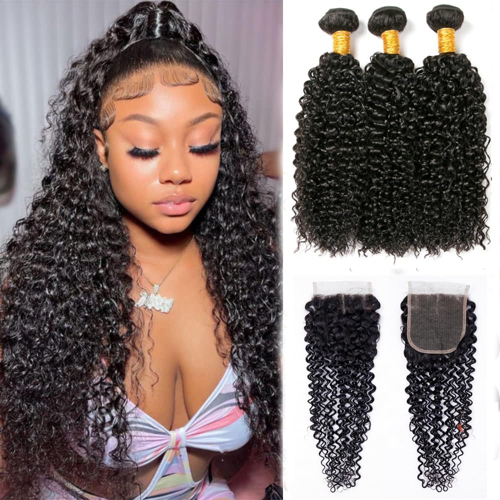 Extensions de cheveux humains bouclés avec fermeture 100 % cheveux humains brésiliens vierges non transformés avec fermeture de 10,2 x 10,2 cm, 30,5 cm, 40,6 cm + 25,4 cm, couleur noire naturelle