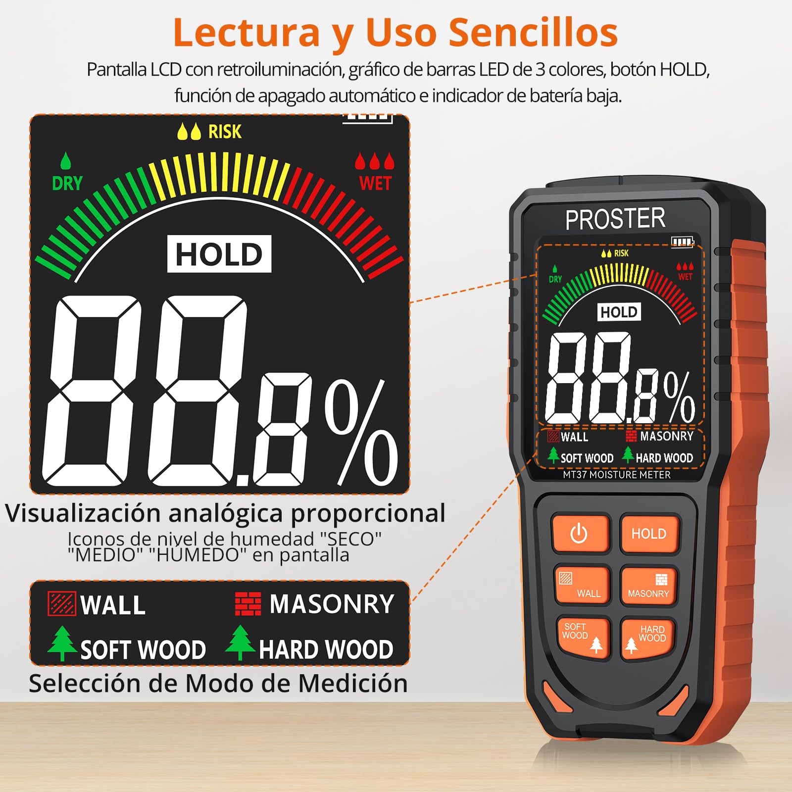Proster Medidor de Humedad Digital de Pared Recargable Detectores de Humedad Higrómetro Profesional de Pared Sin Aguja con Pantalla LCD y Alarma Audible Para Madera, Paredes, Yeso, Mampostería