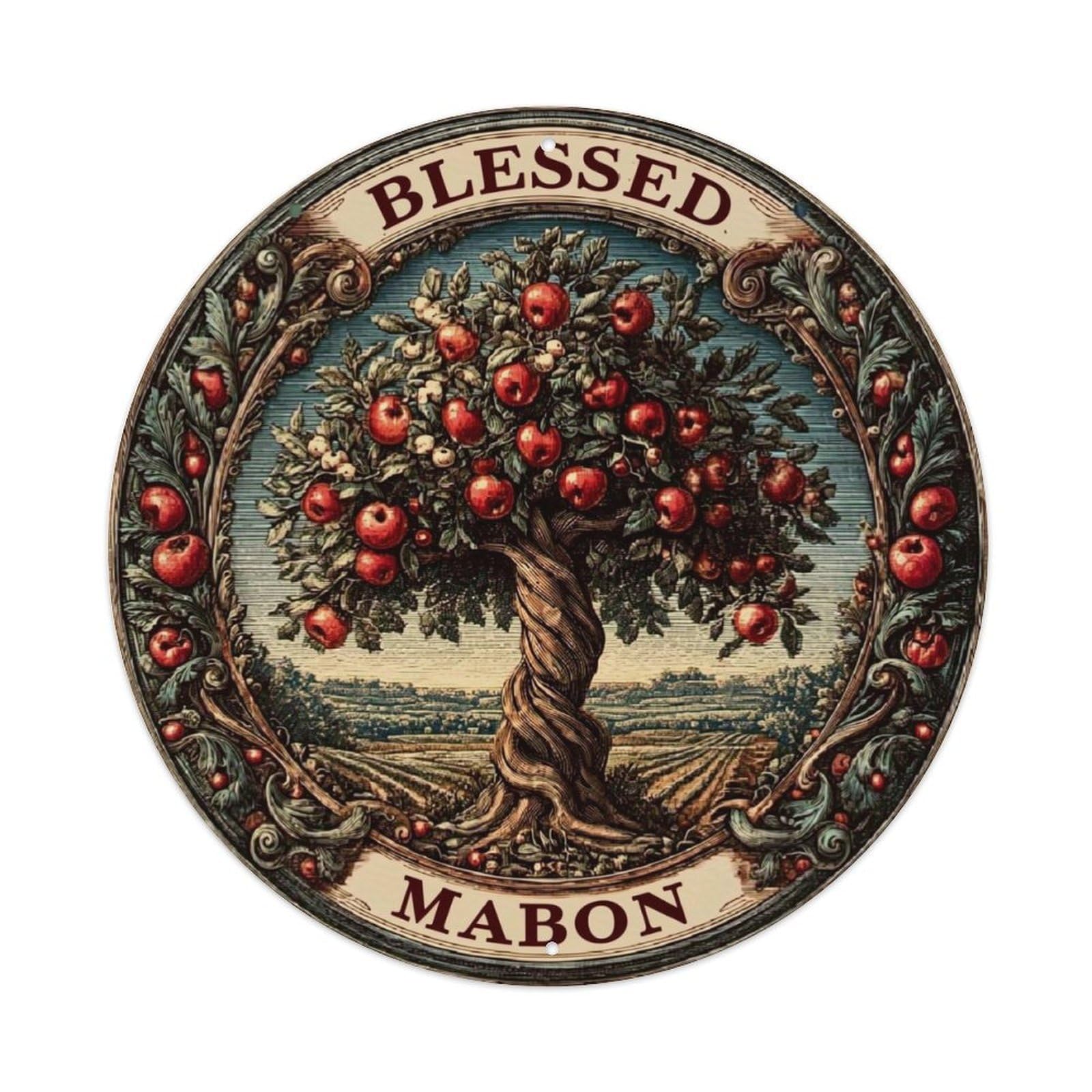 Blessed Tree With Apples And Leaves Retro Metal Sign Round Tin Sign, Vintage Decor Art Poster for Bar, Home, Man Cave, Kitchen, Laundry Room Gift 8x8Inch