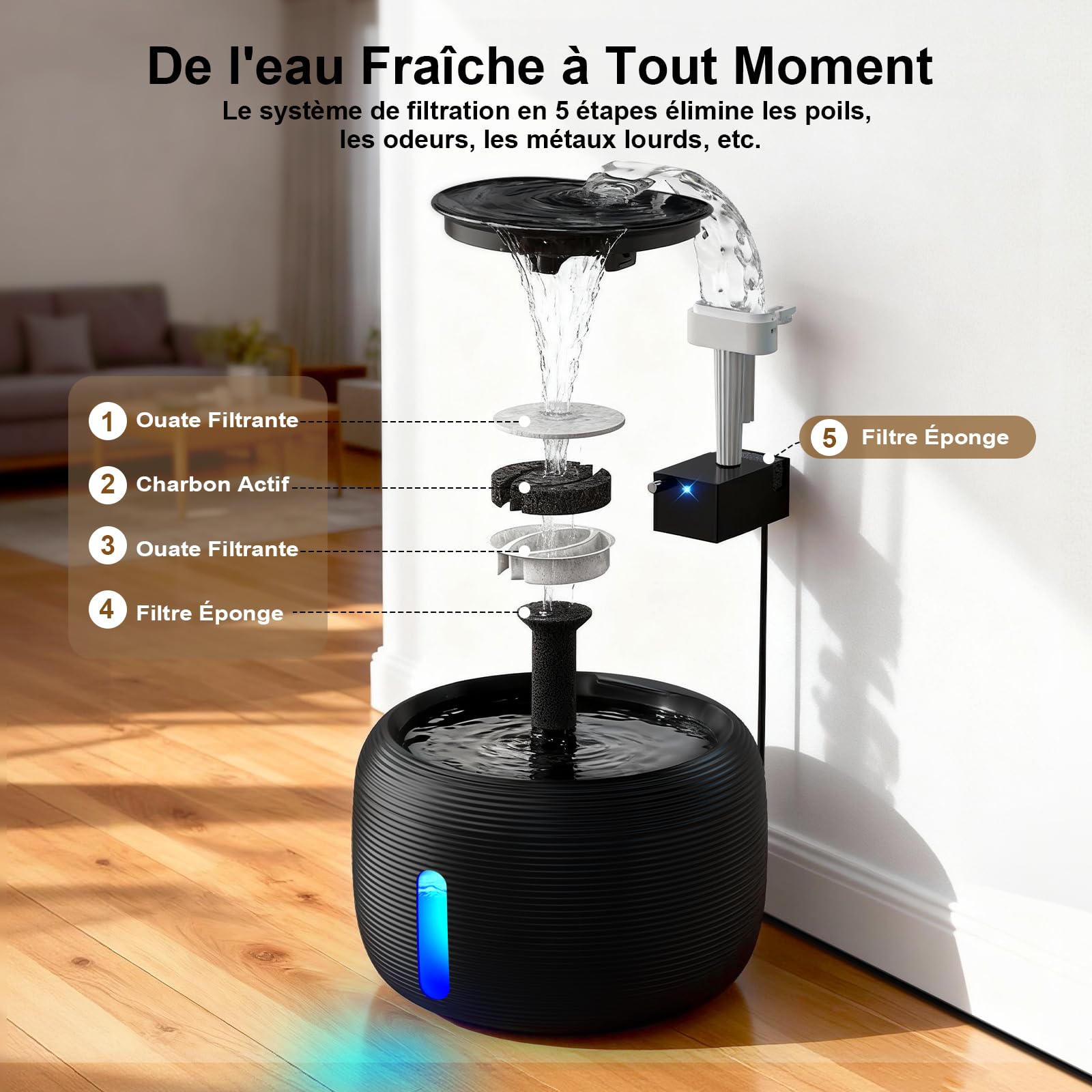 SIBAYS Fontaine a Eau Chat - 3,5L Fontaine à Eau pour Chat avec Pompe 25dB Ultra Silencieuse & Fenêtre LED - Fontaine a Eau Chien avec 2 Filtres à Charbon Actif, Sans BPA, Filtration Profonde, FS77,BK