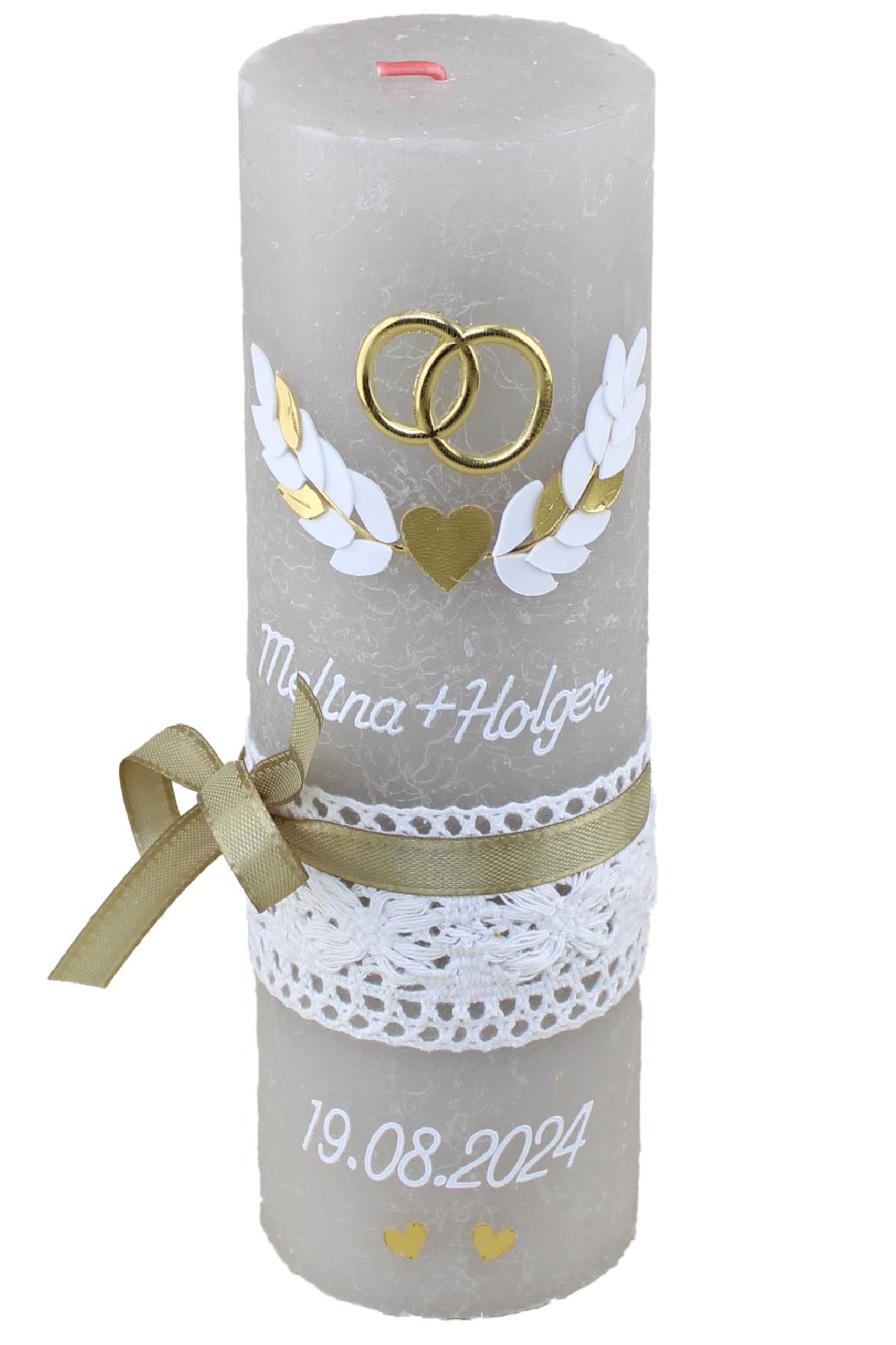 Hochzeitskerze Rustik Melina und Holger mit Namen und Datum, individuell und handverziert 2562