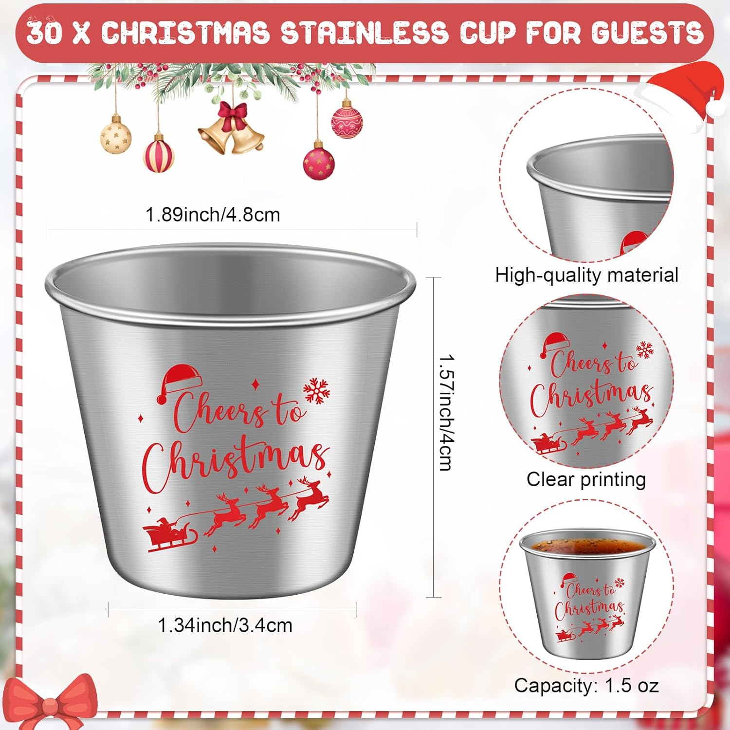Roshtia 30 Sets Christmas Party Favors Cheers to Christmas Shot Glasses 1.5 oz Shot Cups with Xmas Tag Cards Cellophane Treat Bags Xmas Stocking for Friends Employee Party Supplies (Stainless)