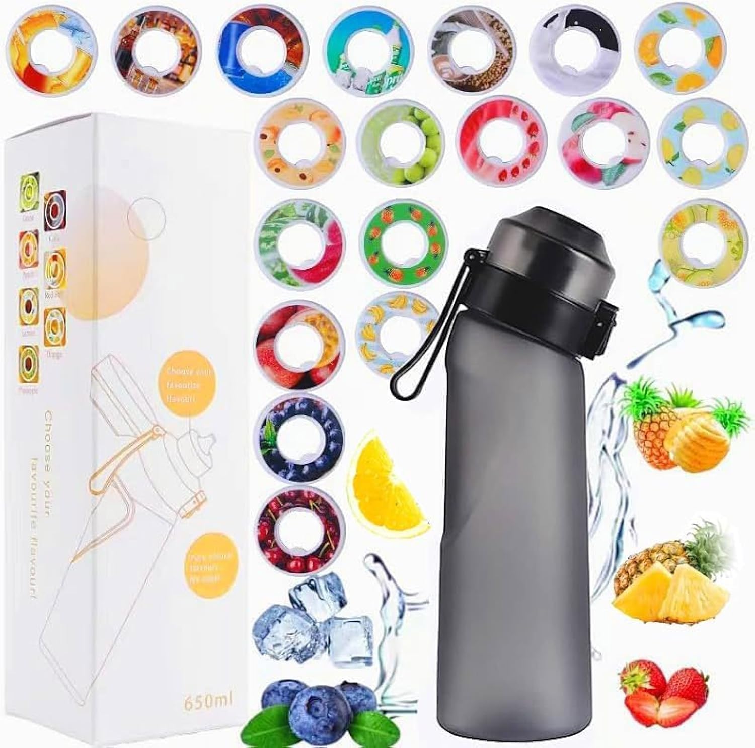 650ml Sports Alr Water Bottle Up BPA Free With Straw, Drinking Bottles with 2 Random Flavour Pods Scented 0 Sugar Fruit Fragrance Water Cup for Outdoor Gym（Midnight Black） (1)