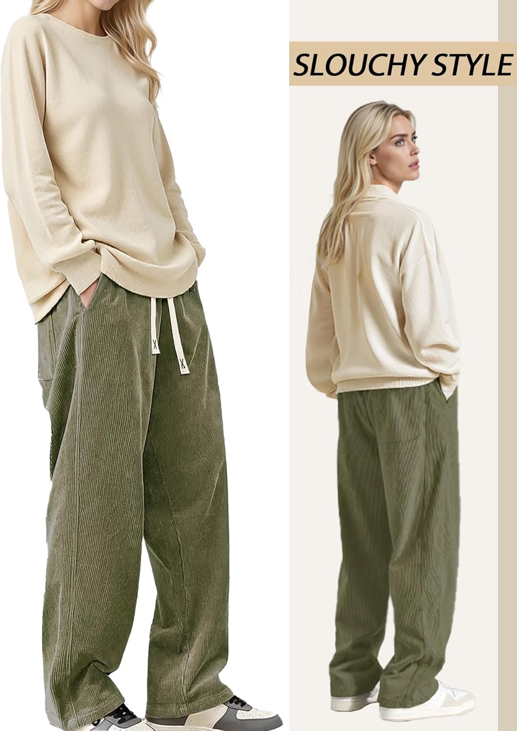 Women's Corduroy Casual Pants Loose Comfortable Wide-Leg Pants with Elastic Waistband Drawstring and Multiple Pockets - Image 3