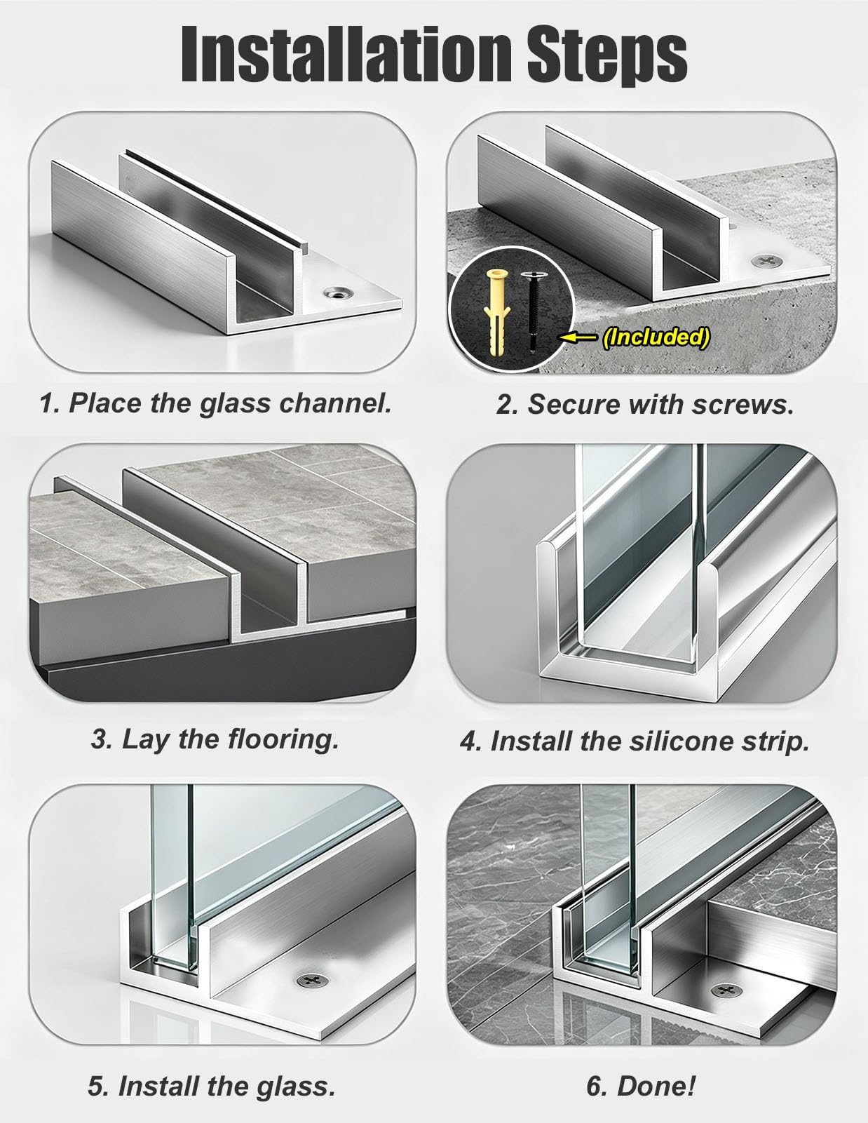 Perfil Aluminio Canal En U Profundo de Vidrio con Cierre Atornillado | Riel de Canaleta Sin Marco de Metal Mate para Baño/balcón/oficina/separación de Hotel, Resistente a La Corrosión