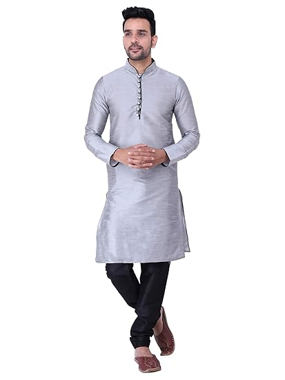 Ethnic Men's Silk Self Design Sold Loop Button Long Casual Wear Festival Tradinational Dress Classic Look Kurta Pyjama Set